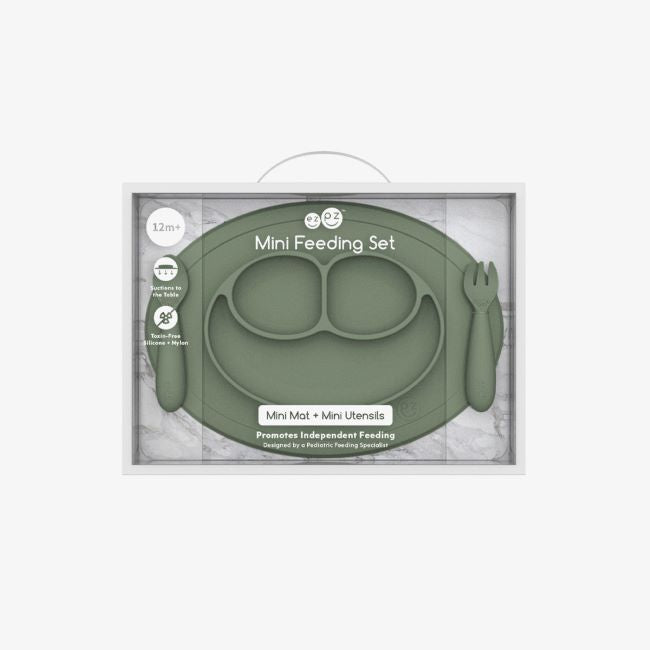 ezpz Mini Feeding Set for Toddlers - Olive Green | BPA-Free Silicone Baby Plates & Bowls | Perfect for Baby-Led Weaning, Travel & Daycare Use