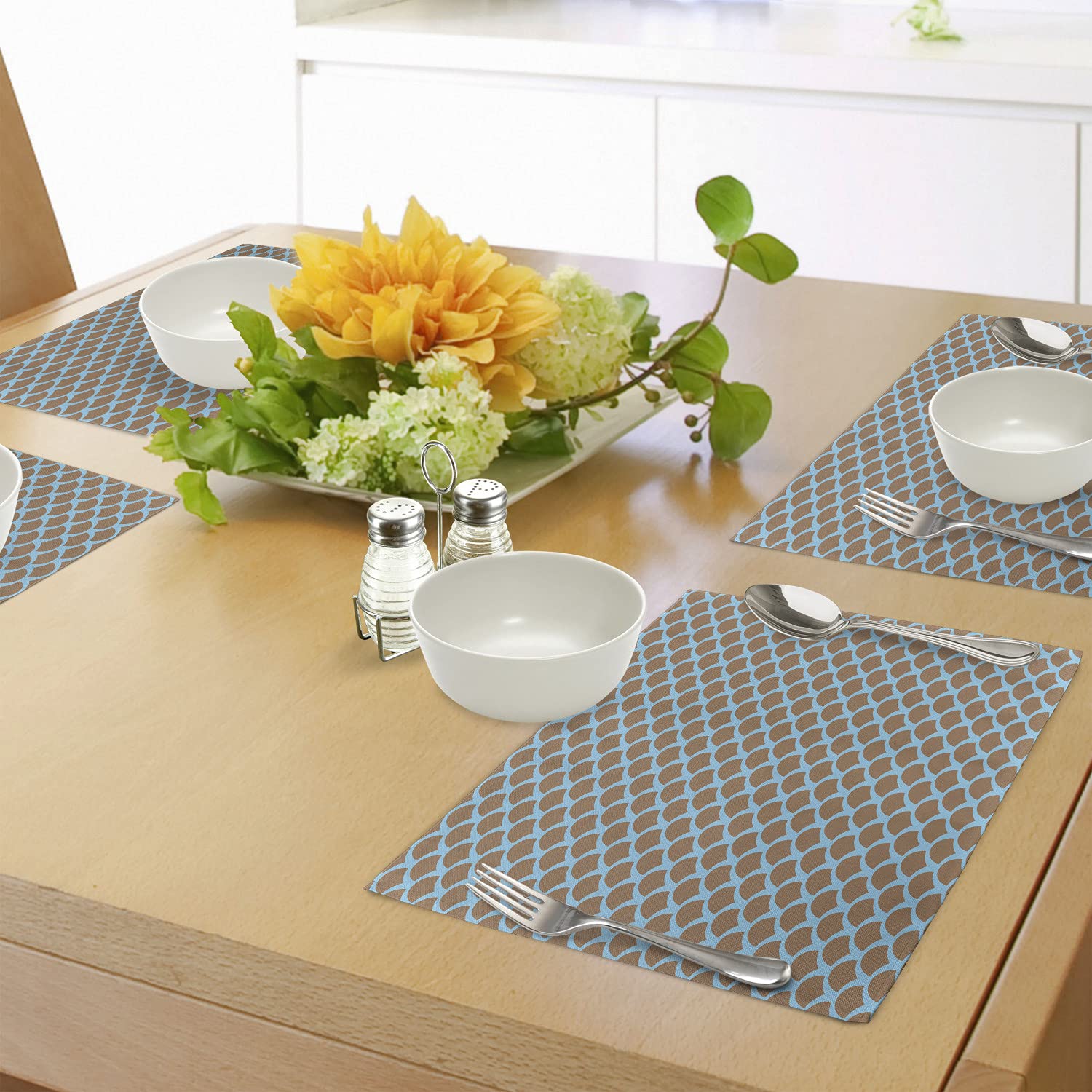 Ambesonne Fish Place Mats Set of 4 - Squama Pattern with Intertwined Half Circles Aquatic Animal & Snake Scale Design - Washable Fabric Placemats for Dining Room, Kitchen Table Decor in Tan & Pale Blue - Perfect for Seafood Dinners, Ocean-Themed Parties & Coastal Home Decor