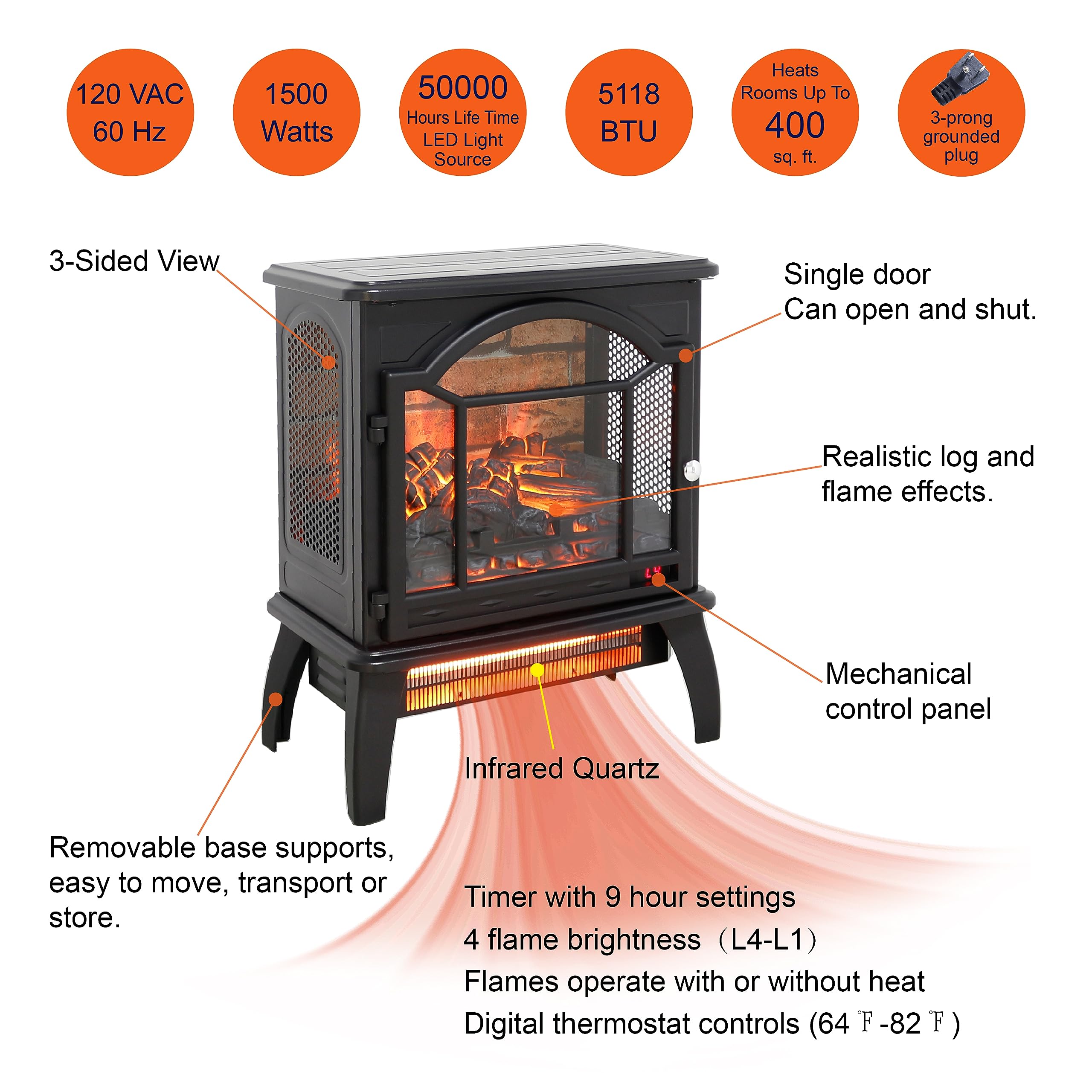 Freestanding Electric Fireplace Heater - 1500W Portable Infrared Fireplace Stove with 4 Realistic 3D Flame Effects, Adjustable Temperature & Timer, Remote Control - Perfect for Living Room, Bedroom, Office & Small Spaces