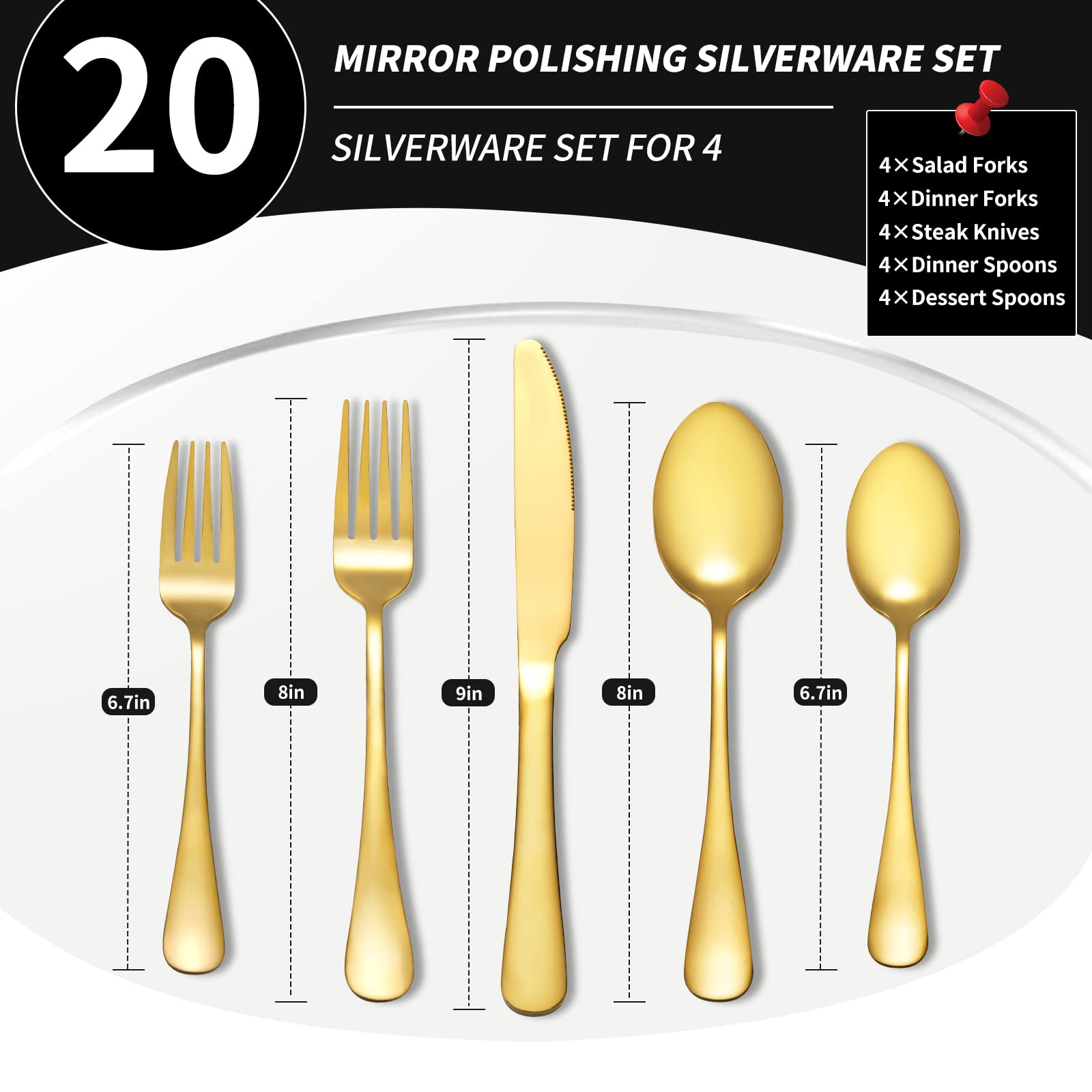 20-Piece Gold Silverware Set - Stainless Steel Flatware Cutlery Set for Home, Kitchen, Restaurant, Hotel - Tableware Service for 4 - Dishwasher Safe Spoons & Forks Set - Perfect for Dinner Parties, Weddings & Fine Dining