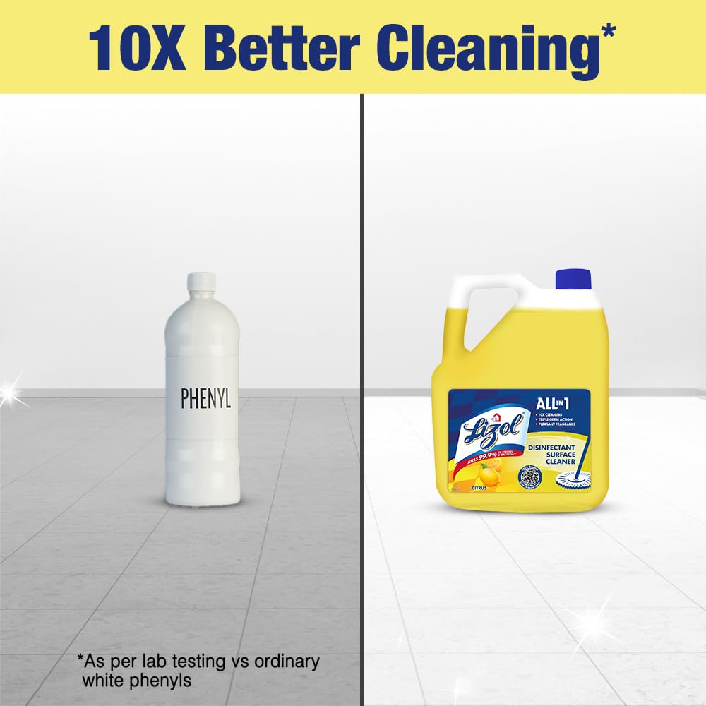 Lizol Disinfectant Surface Cleaner & Floor Cleaner Liquid, Citrus Scent - 5L Bottle + Kitchen Power Cleaner Spray - 450ml | Kills 99.9% Germs & Bacteria | Deep Cleans Stove, Chimney, Sink & Countertops | Ideal for Home, Kitchen & Bathroom Disinfection