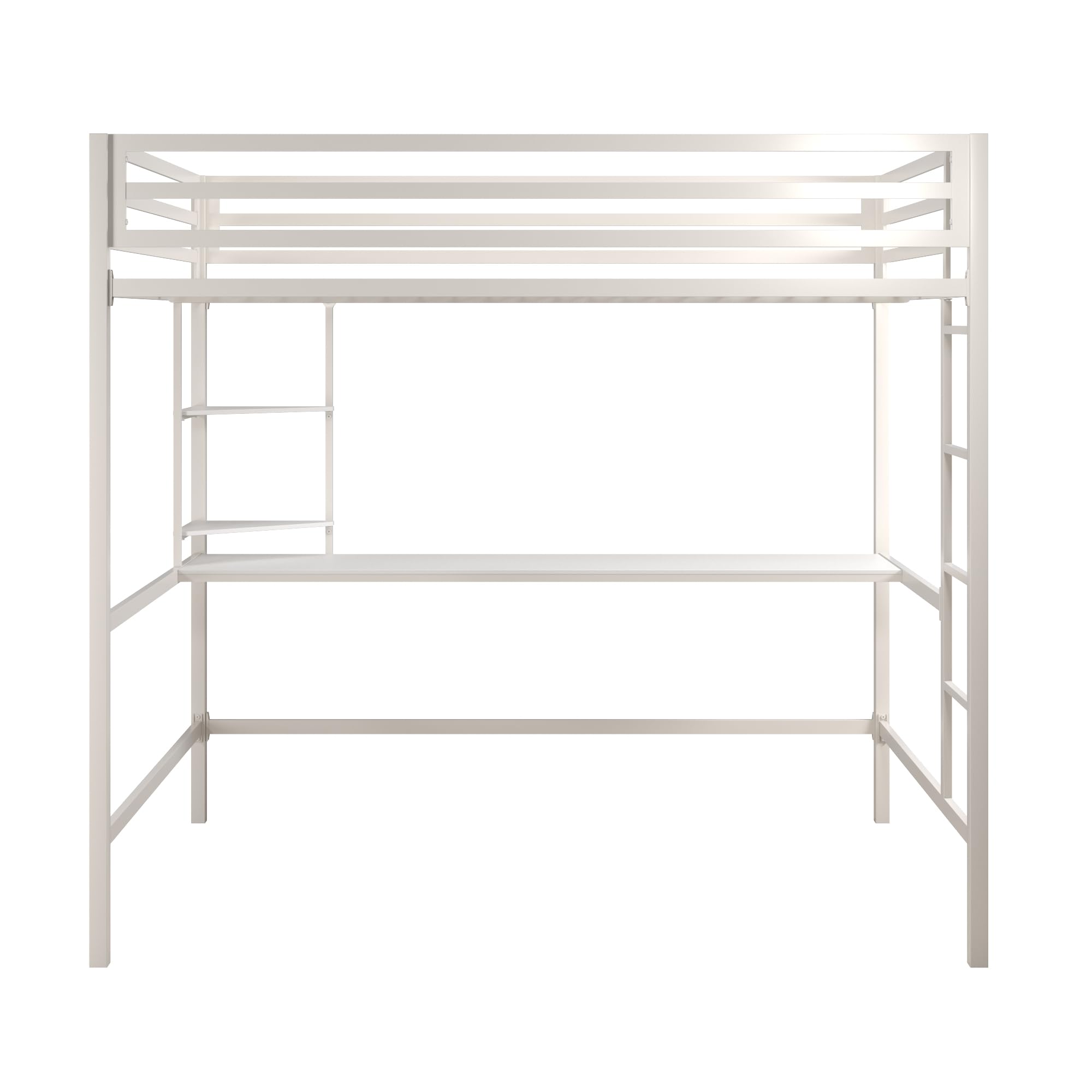 Novogratz Maxwell Metal Full Loft Bed with Desk & Shelves, Off White - Space-Saving Study & Sleep Solution for Small Rooms, Dorms & Apartments