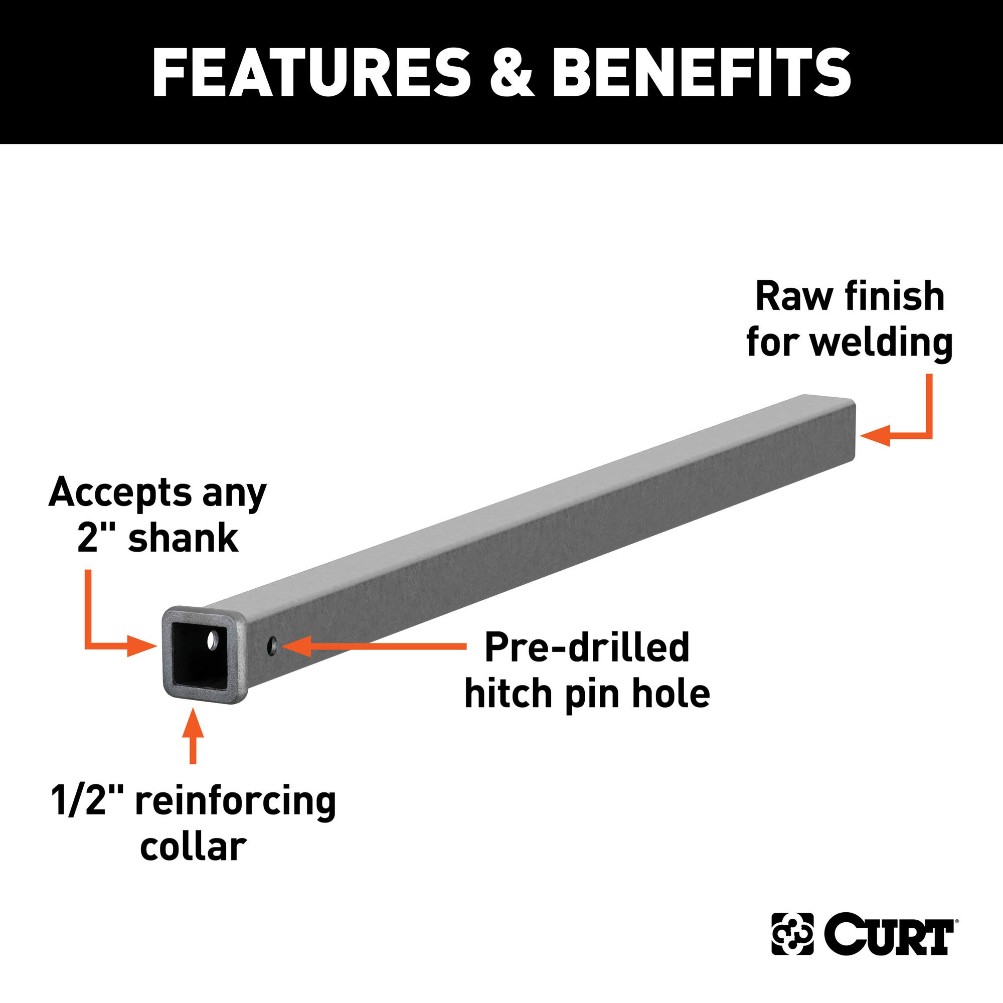 CURT 49480 2-Inch x 48-Inch Weld-On Raw Steel Trailer Hitch Receiver Tube - Heavy Duty Towing Solution for Trailers, Boats & RVs