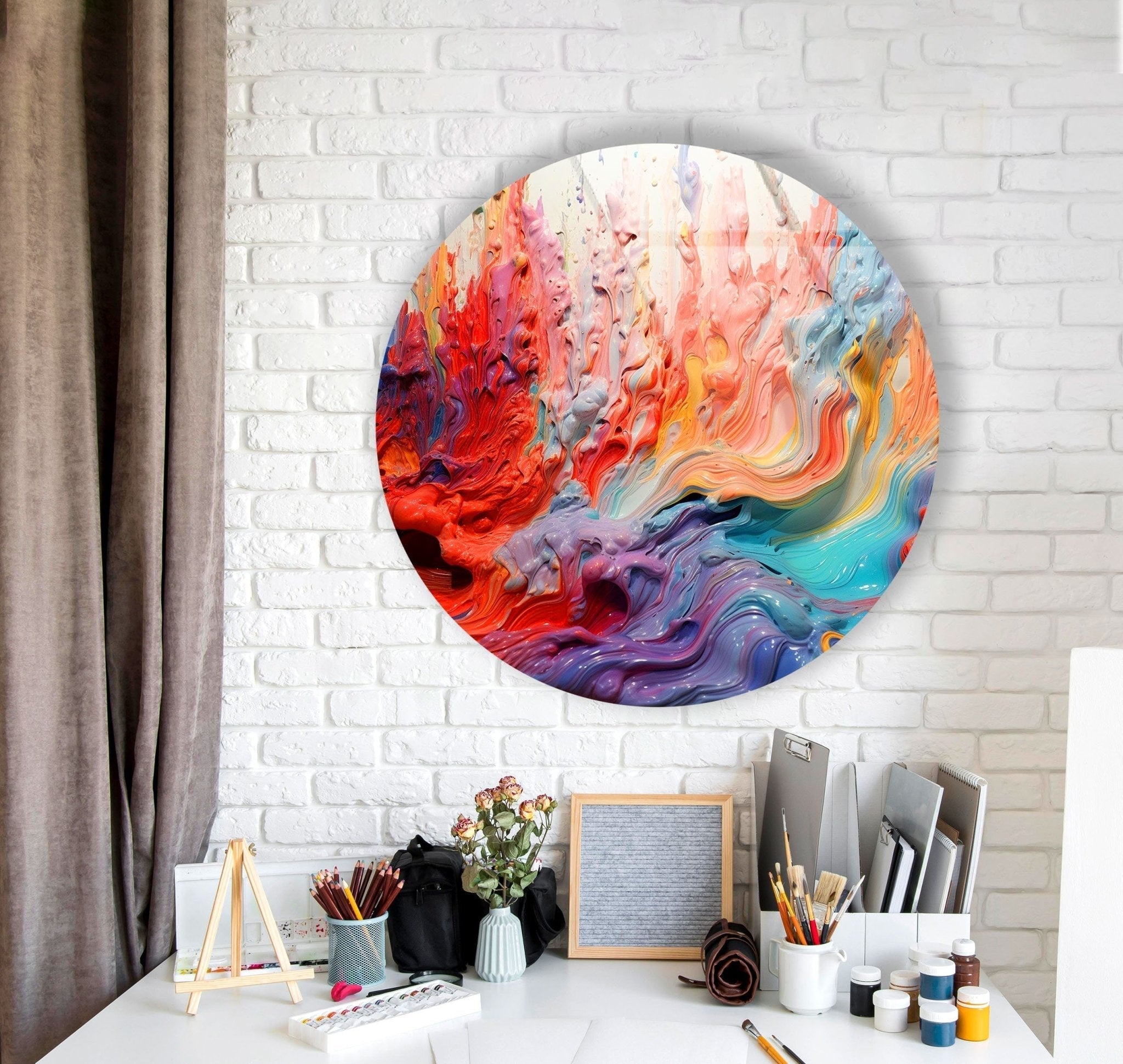 Abstract Round Pink Oil Art Glass Wall Decor - Modern Handmade Glass Painting for Living Room, Bedroom & Office