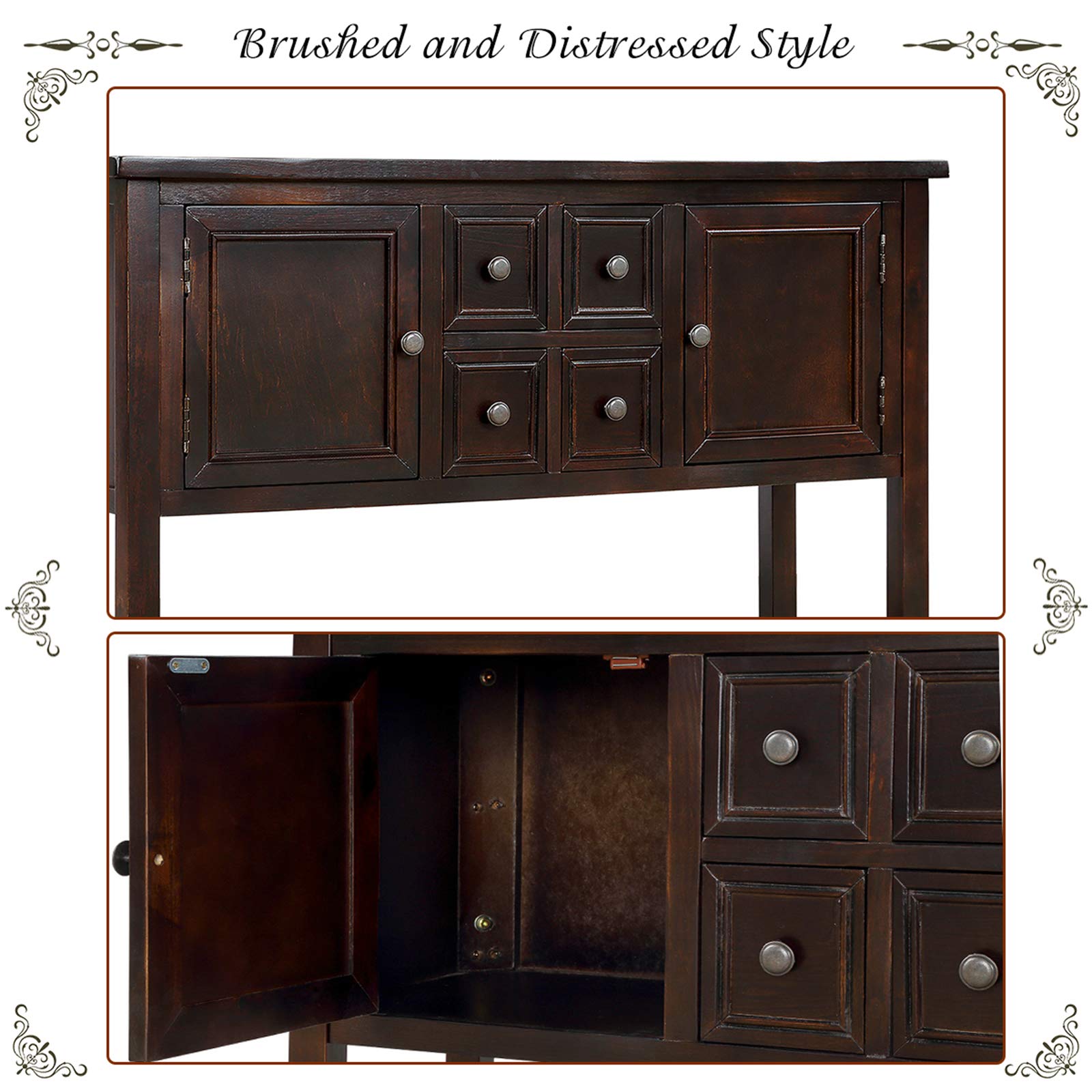 P PURLOVE Espresso Console Table with 4 Drawers & 2 Cabinets - Entryway Sofa Table, Buffet Sideboard for Living Room, Hallway Storage Furniture with Bottom Shelf