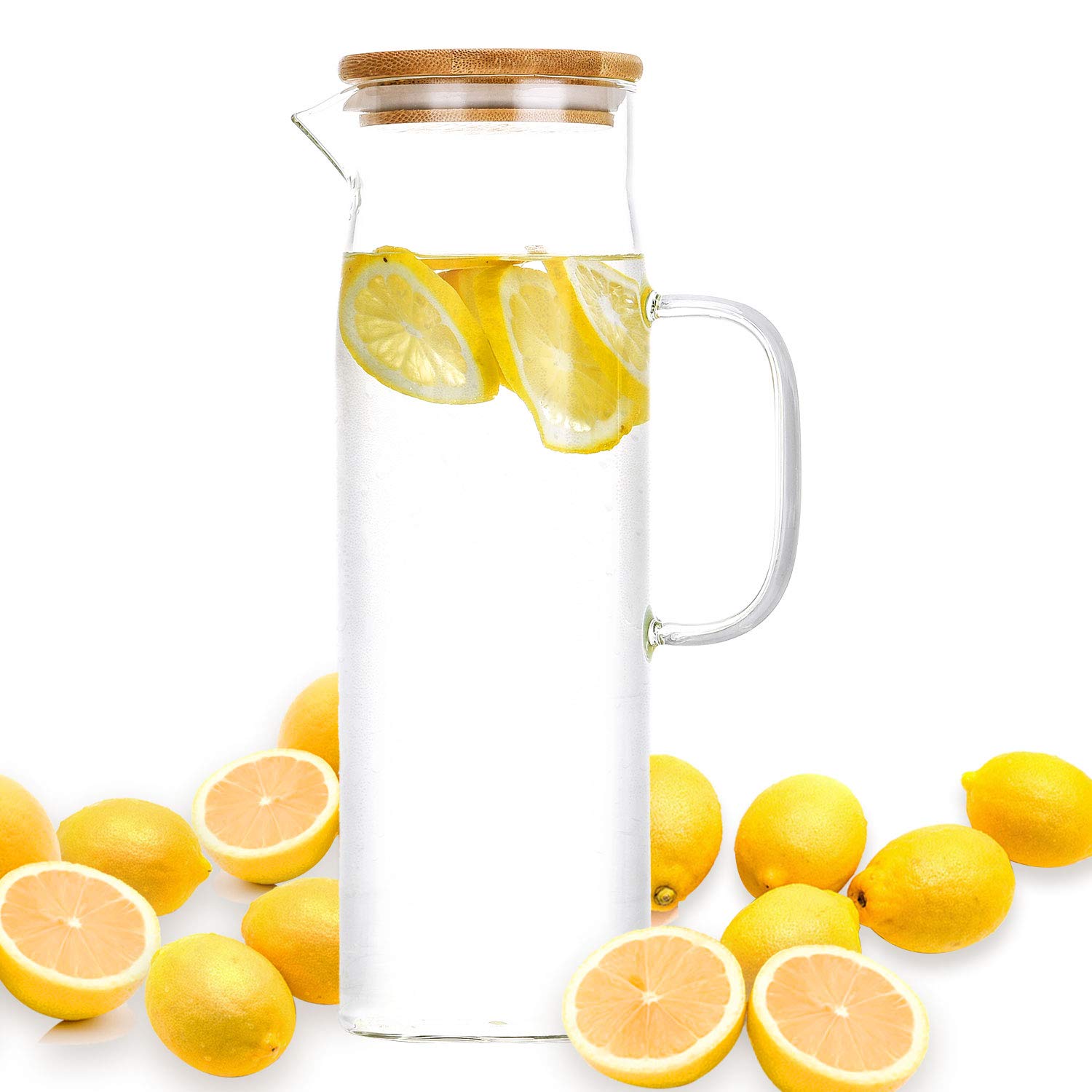 1500ml Glass Water Pitcher with Bamboo Lid - Elegant Carafe for Water, Juice & Iced Tea - Perfect for Dining, Entertaining & Kitchen Use