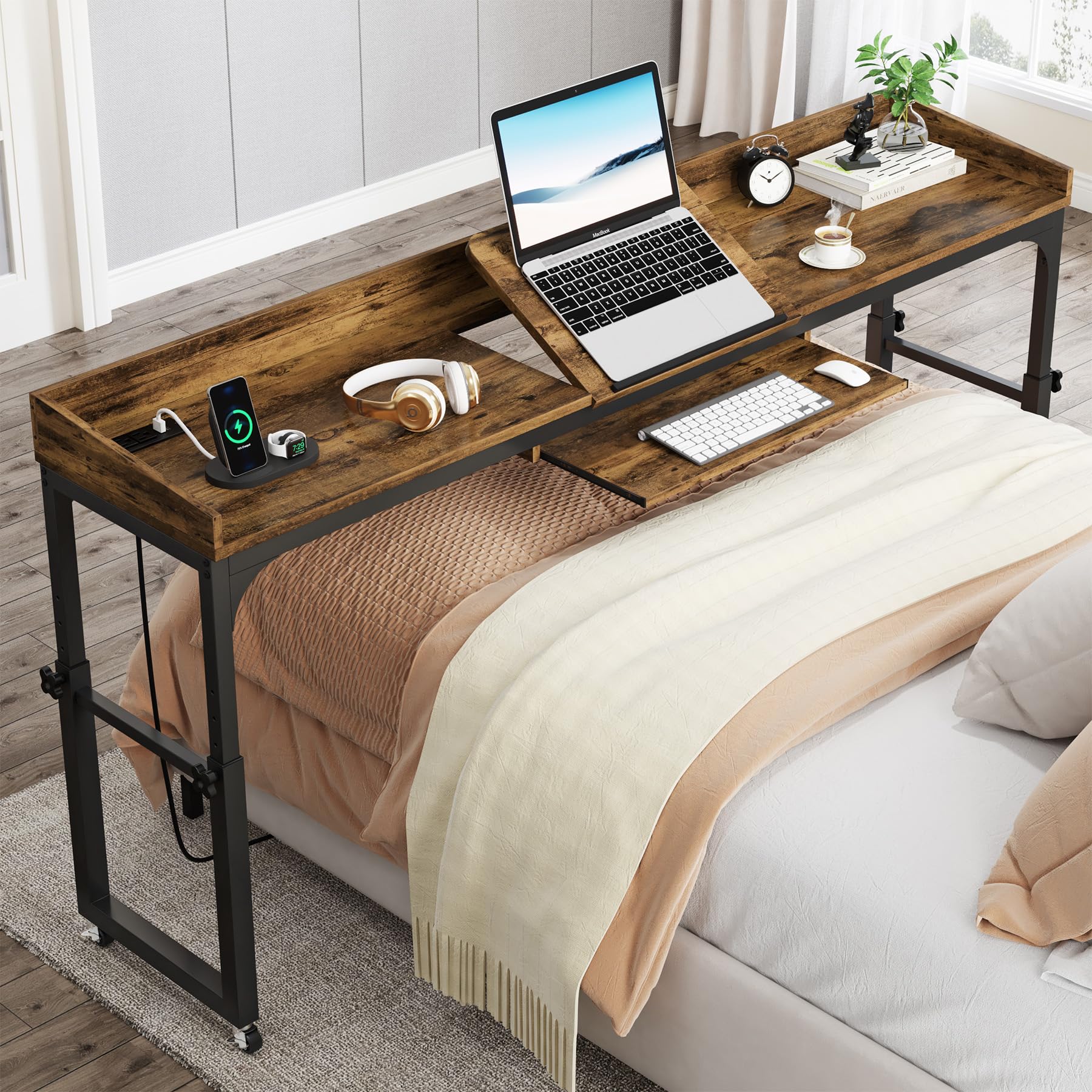 Tribesigns Adjustable Overbed Table with Wheels - Queen Size Mobile Laptop Desk with Tilt Stand, USB Ports & Power Outlets - Perfect for Hospital Beds, Home Office & Bedroom Workspace (Rustic Brown)