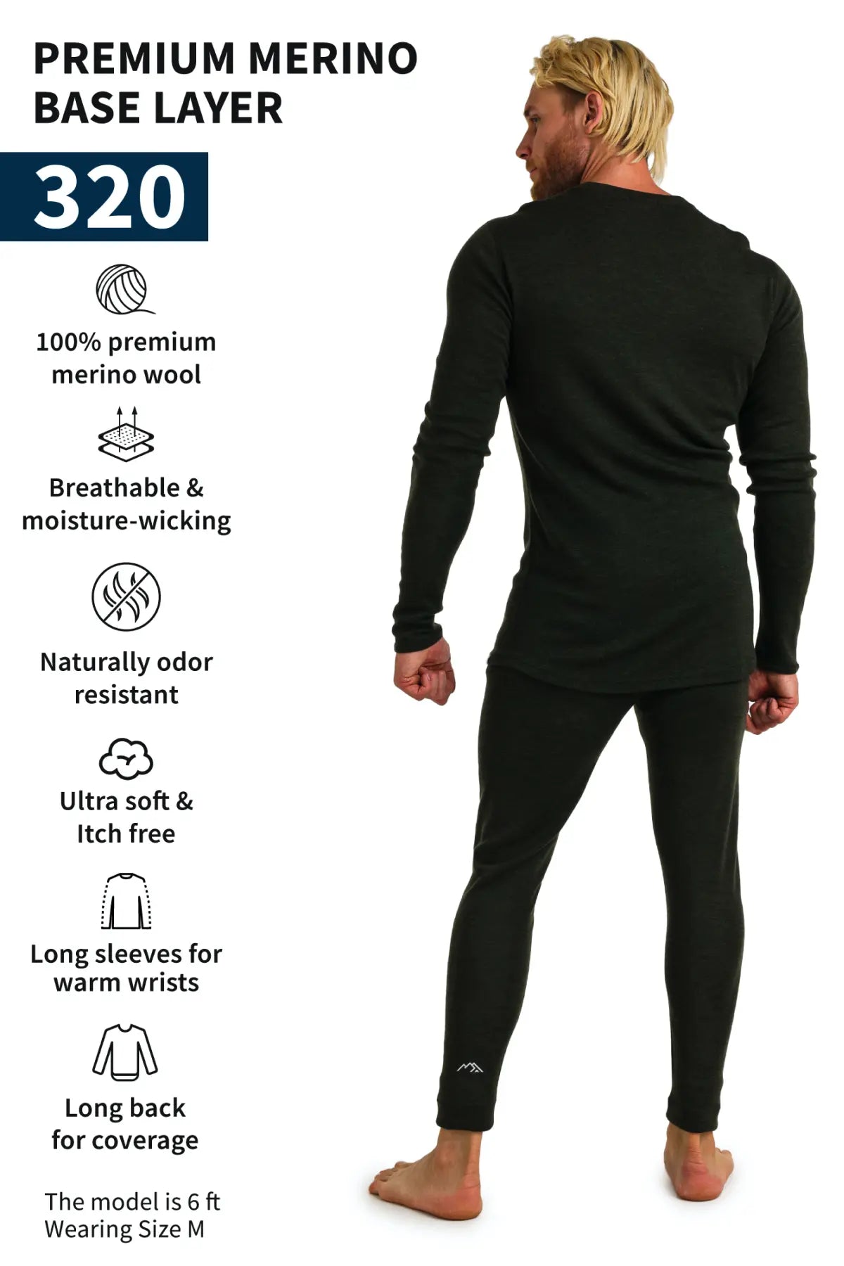 Men's Merino Wool Thermal Underwear Set - 320g Army Green Base Layer for Cold Weather Hiking, Skiing & Outdoor Activities