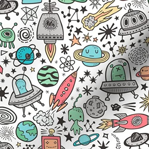 Space Galaxy Universe Doodle Planets Robots & Stars Printed Velvet Upholstery Fabric by The Yard - Home Decor, DIY Upholstery, Apparel & Craft Projects - Perfect for Curtains, Pillows, Dresses & Space-Themed Decorations