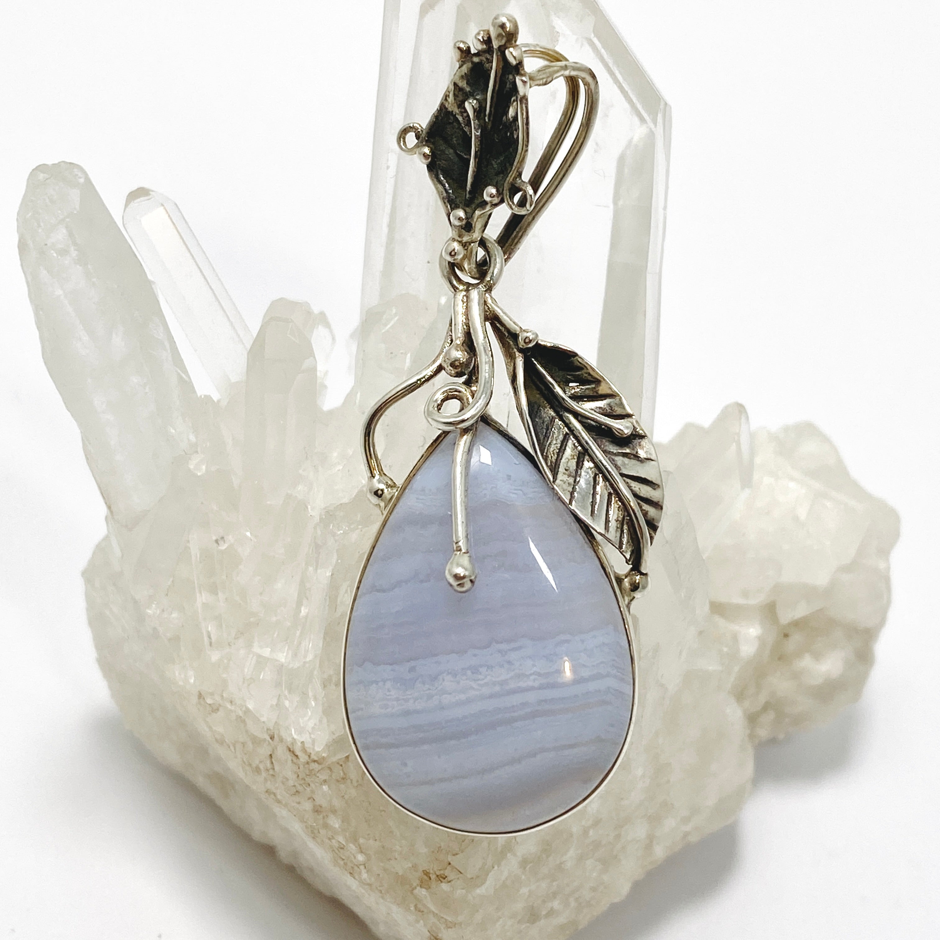 Blue Lace Agate Teardrop Cabochon Pendant Necklace - Natural Stone Jewelry with Botanical Setting PPGJ989 - Perfect for Boho Style, Meditation & Spiritual Healing