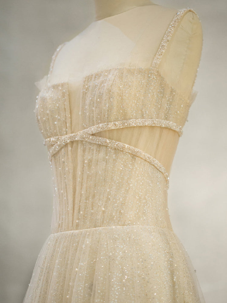 Elegant Champagne Tulle Long Prom Dress - A-Line Formal Gown for Homecoming, Ball, and Evening Events