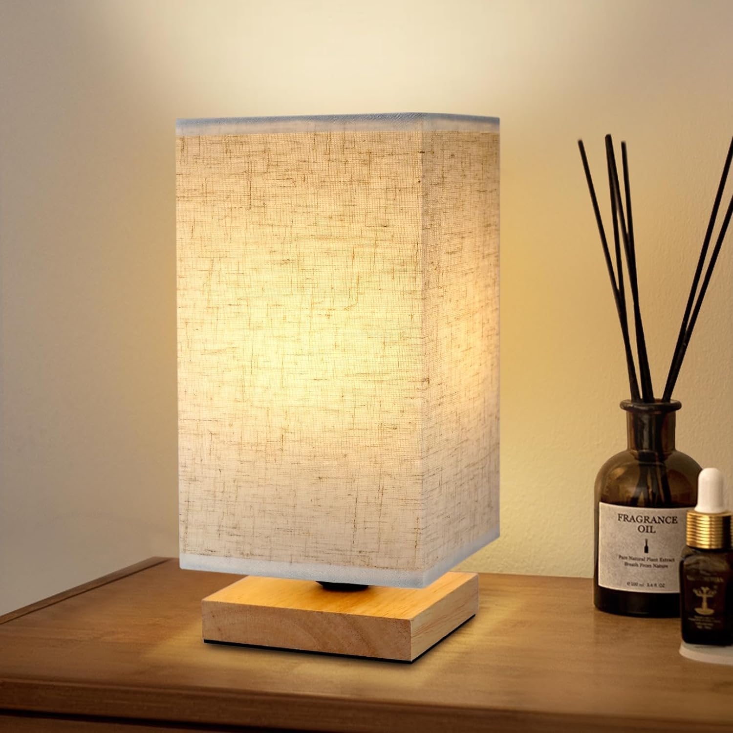 Minimalist Square Fabric Linen Shade Bedside Lamp - Warm LED Table Light for Bedroom, Kids Room, Living Room, Dorm & Office with On/Off Switch (Bulb Included) | Perfect Nightstand Companion for Reading & Relaxation
