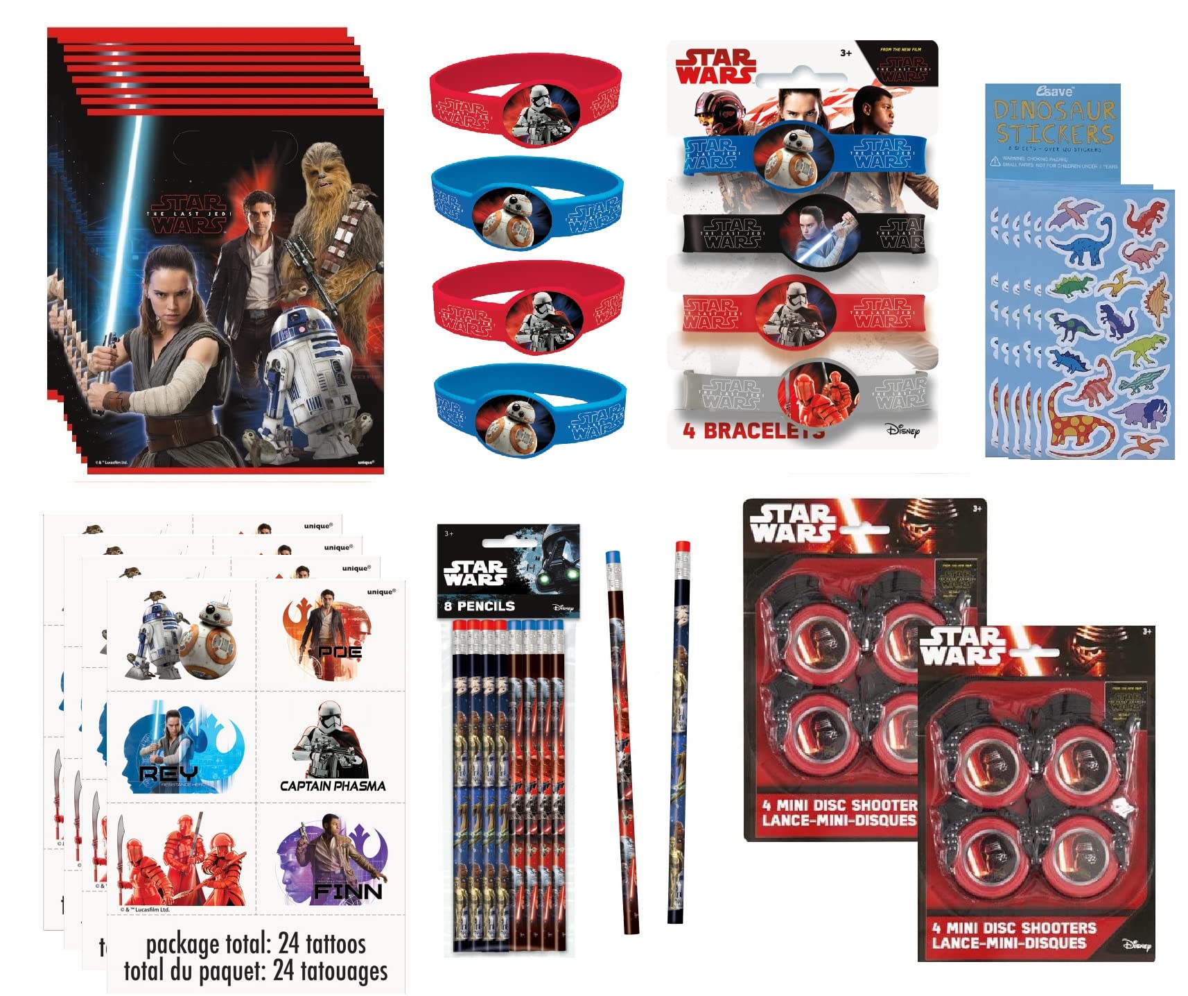 Star Wars Birthday Party Supplies Favor Bundle - 64-Piece Set with Loot Bags, Bracelets, Pencils, Tattoos, Mini Disc Shooters & Dinosaur Stickers - Perfect for Kids Birthday Party Favors & Themed Celebrations