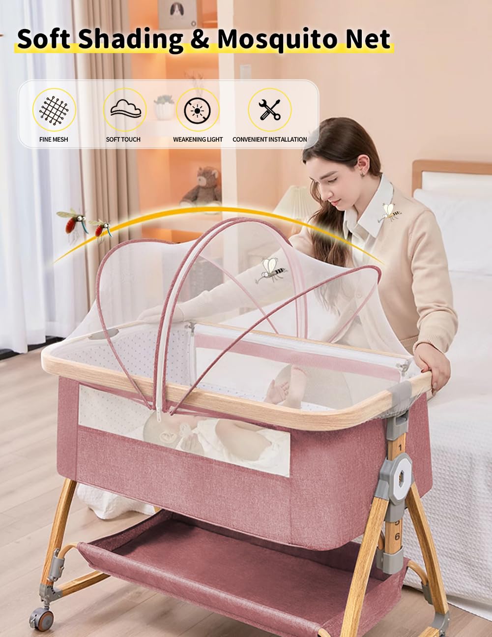 Bonbay 4-in-1 Portable Baby Bassinet Bedside Sleeper with Wheels, Mosquito Net & Storage Basket - 6 Height Adjustable Rocking Crib for Newborns | Perfect for Nursery, Bedroom Co-Sleeping & Travel