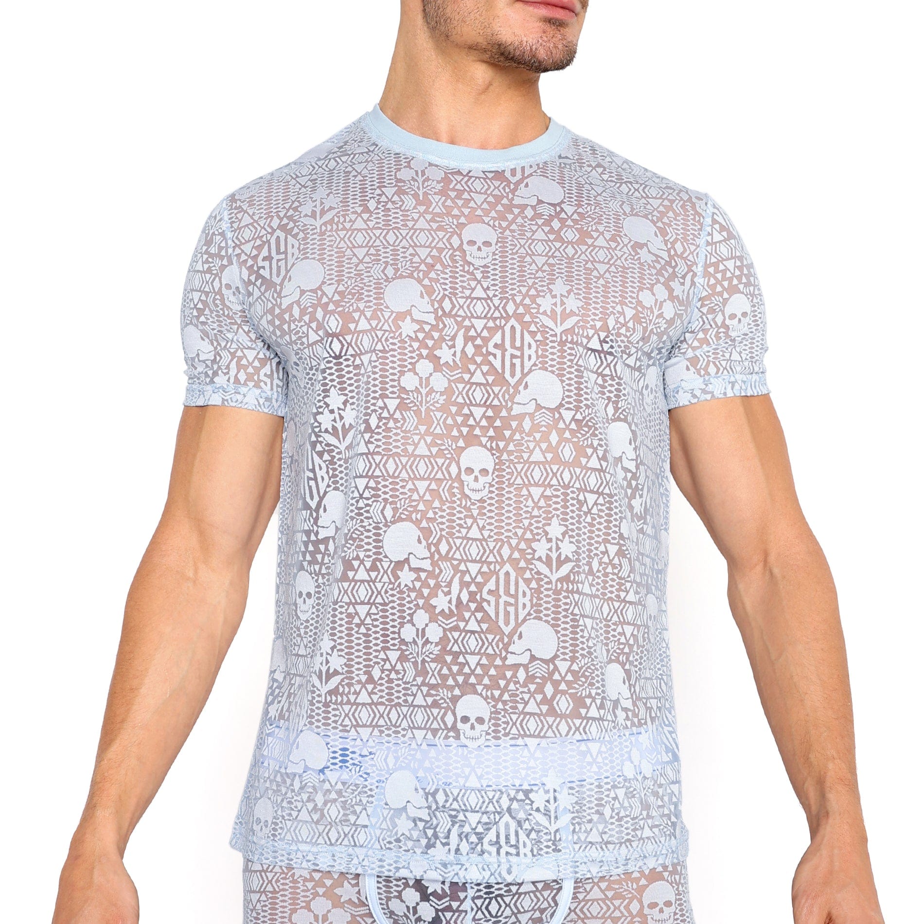 Skull & Bones Burnout Vintage T-Shirt - Distressed Blue Graphic Tee for Men | Gothic Streetwear, Casual Outfit & Festival Fashion