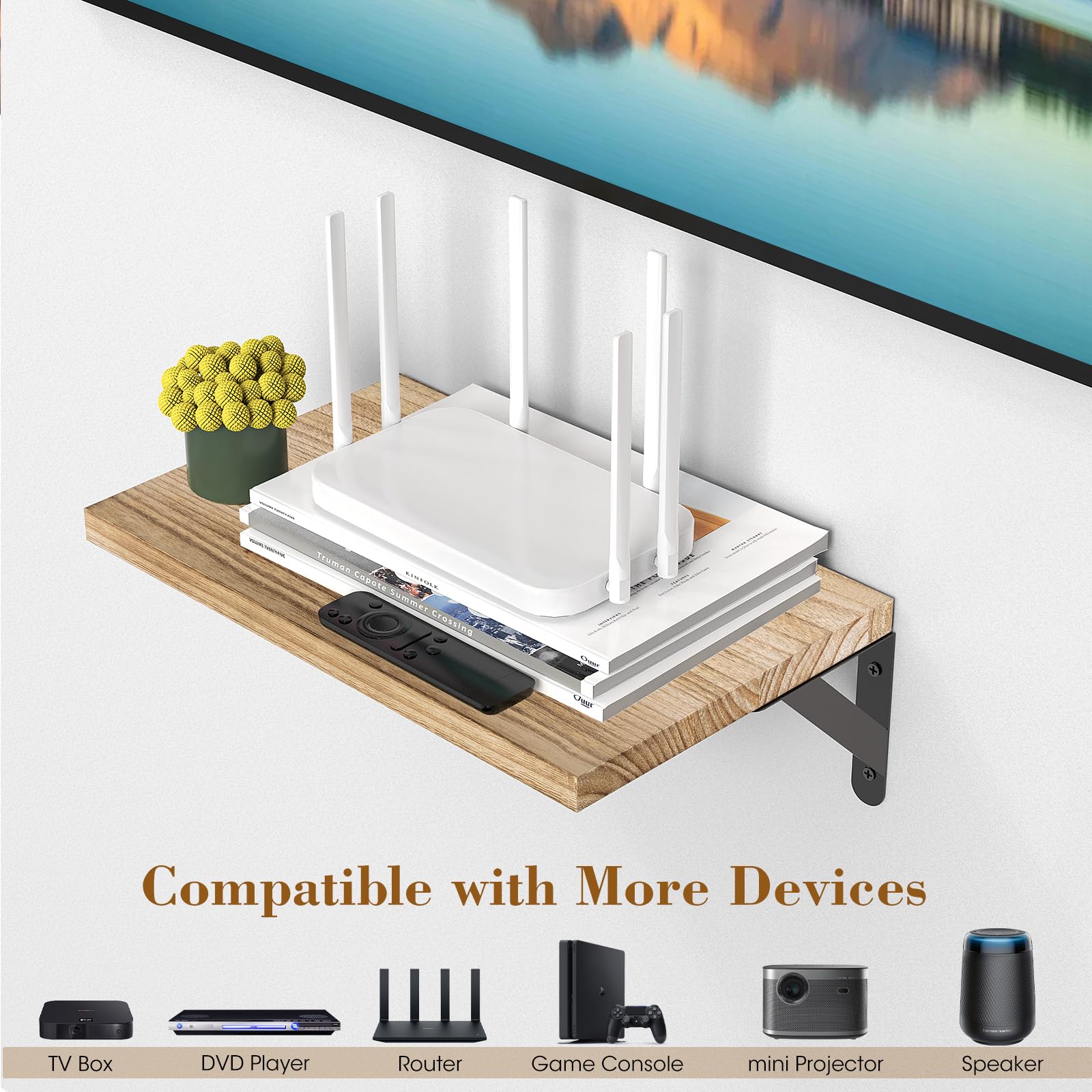 **Floating Projector Shelf Wall Mount - Deep Storage Oak Shelf for Living Room, Kitchen, Office - Perfect for Projectors, Routers & Cable Management**