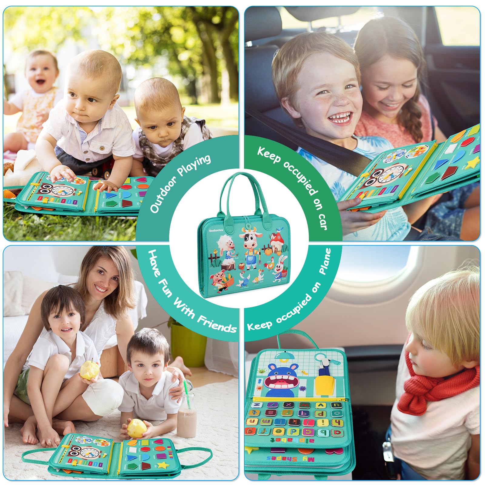 Montessori Busy Board Sensory Toy for Toddlers 1-6 Years Old - 10 Pages & 32 Educational Activities - Airplane & Car Travel Learning Toy - Autism Friendly - Birthday Gift for Boys & Girls (Cyan) | Perfect for Travel, Home Learning & Sensory Development