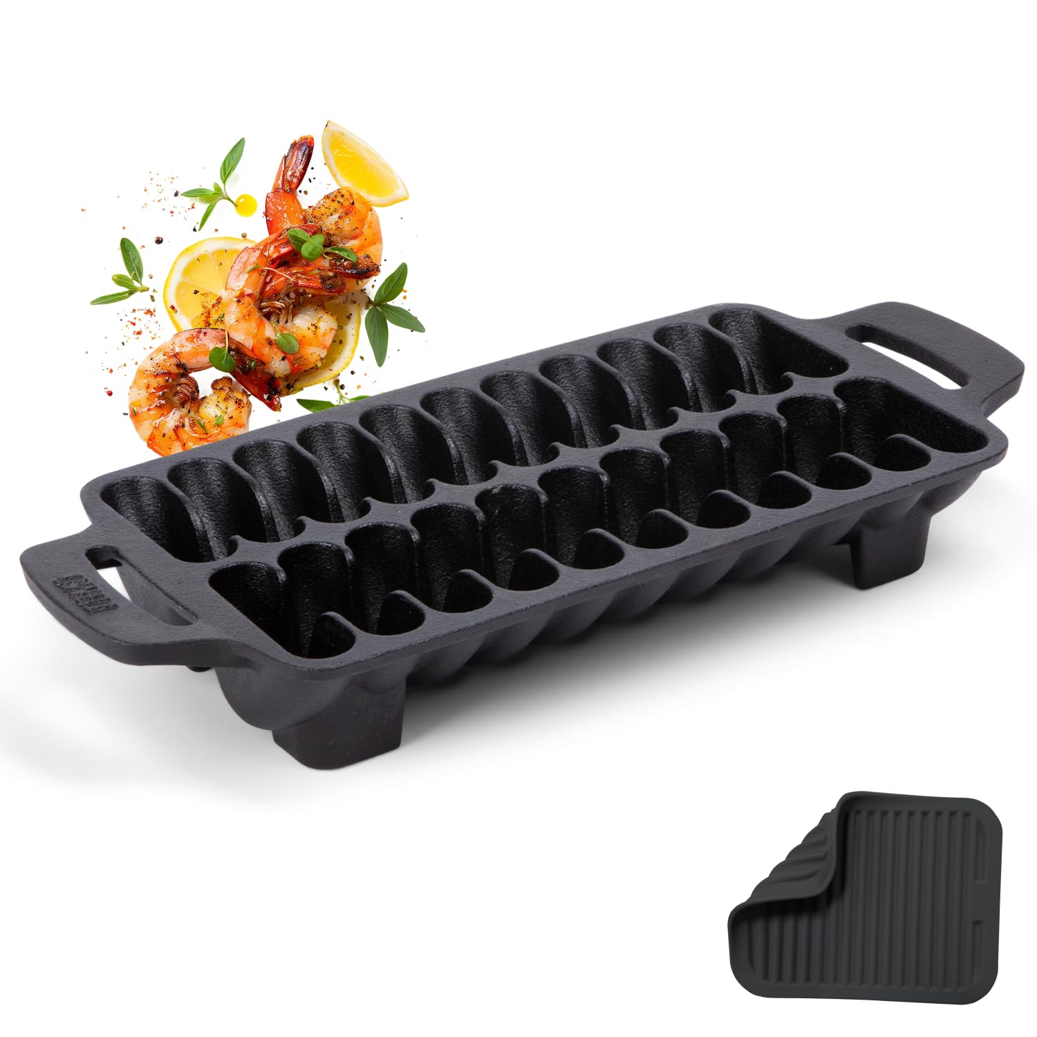 TOMO Cast Iron Shrimp Grill Pan - Heavy Duty Skillet for BBQ, Seafood & Vegetables - Perfect for Grilling, Roasting & Searing - Indoor & Outdoor Cooking