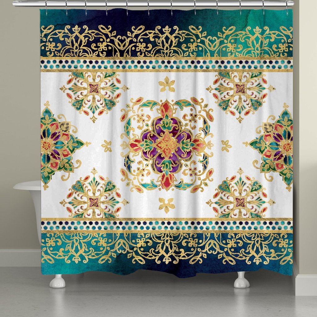 Laural Home Medallion Jewels Shower Curtain - White & Green Bathroom Decor for Elegant & Stylish Showers
