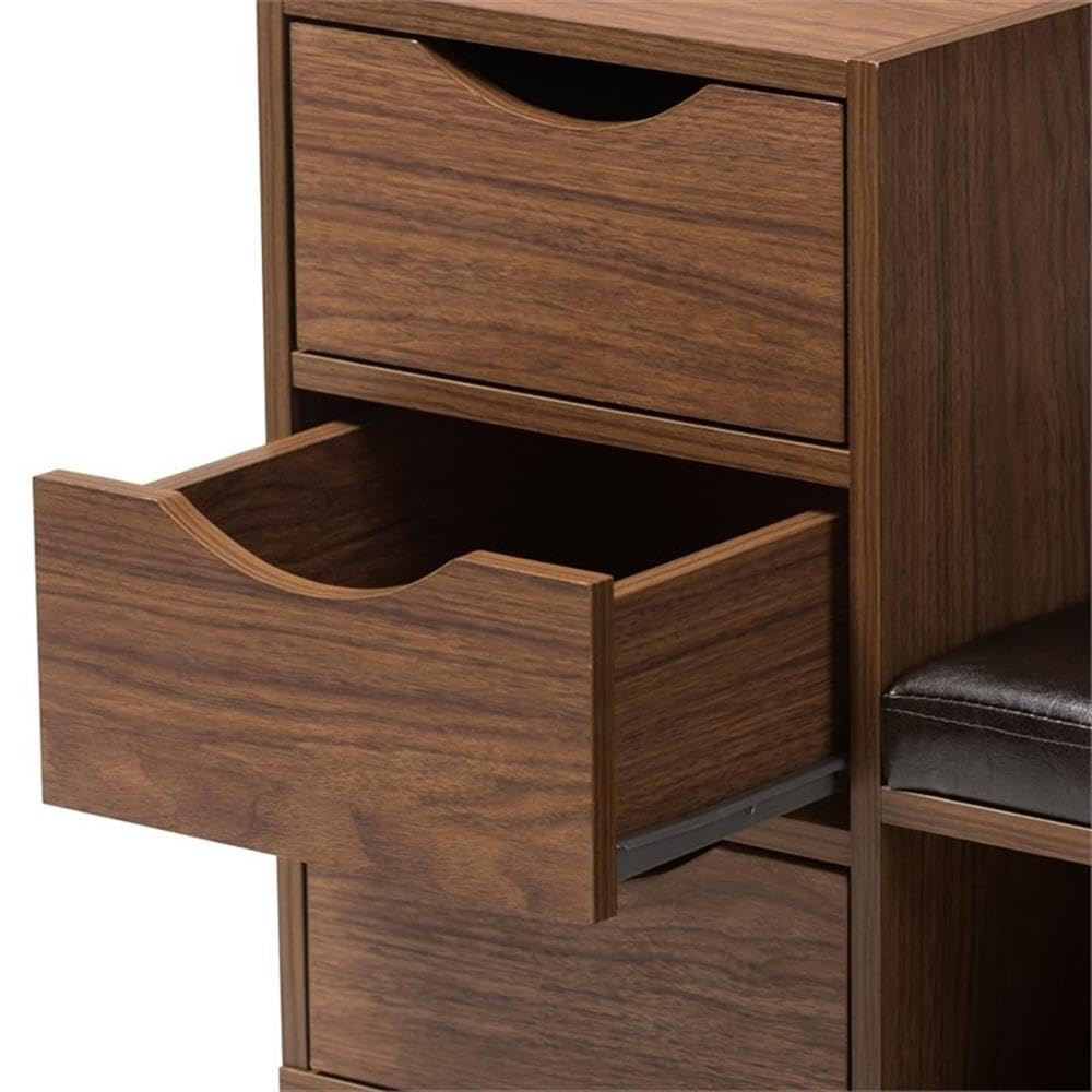 Hawthorne Collections 3-Drawer Shoe Storage Bench - Walnut Wood with Padded Leatherette Seat & 2 Open Shelves | Entryway Organizer for Shoes, Hats & Accessories | Perfect for Bedroom, Closet or Mudroom Storage Solution