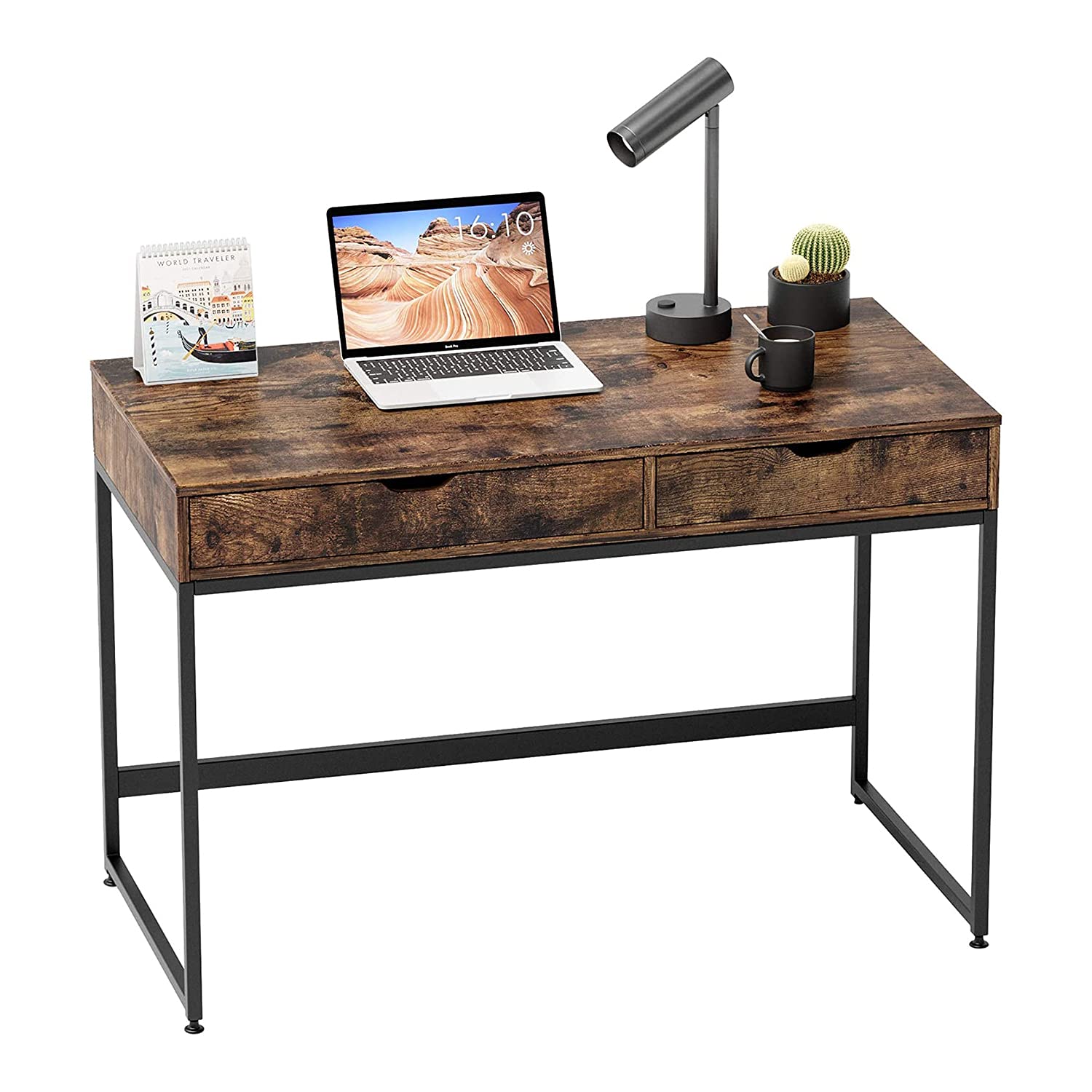 Bestier Small Rectangular Office Desk - Minimalist Writing Computer Workstation with 2 Large Drawers, Rustic Brown - Perfect for Home Office, Study Room & Vanity Makeup Area