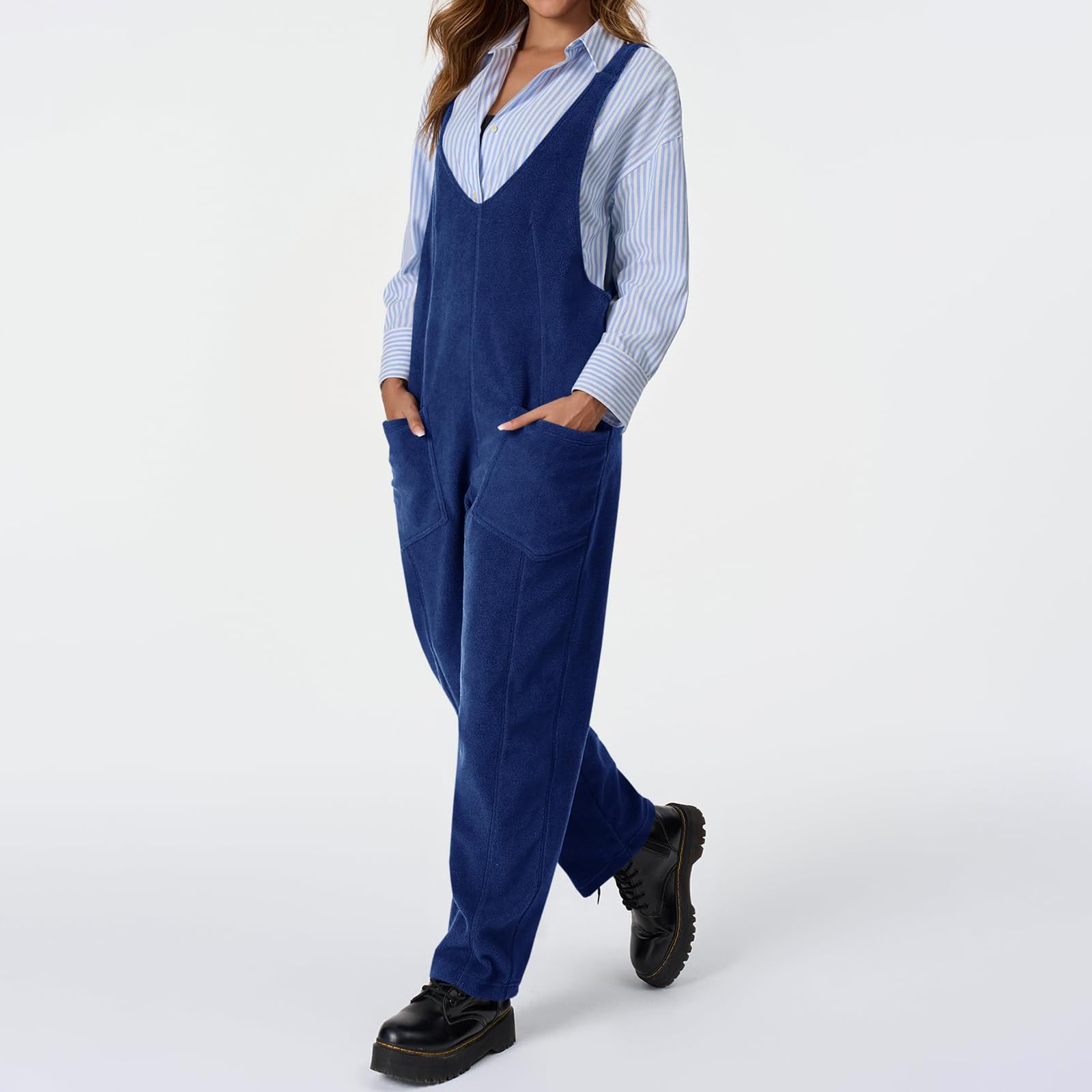 Women's Fleece Overalls - Winter Fuzzy Jumpsuit with Pockets, Loose Fit V-Neck Sleeveless Sherpa Overalls for Skiing, Snowboarding & Outdoor Activities | Warm Winter Bibs for Casual Wear & Cold Weather Adventures
