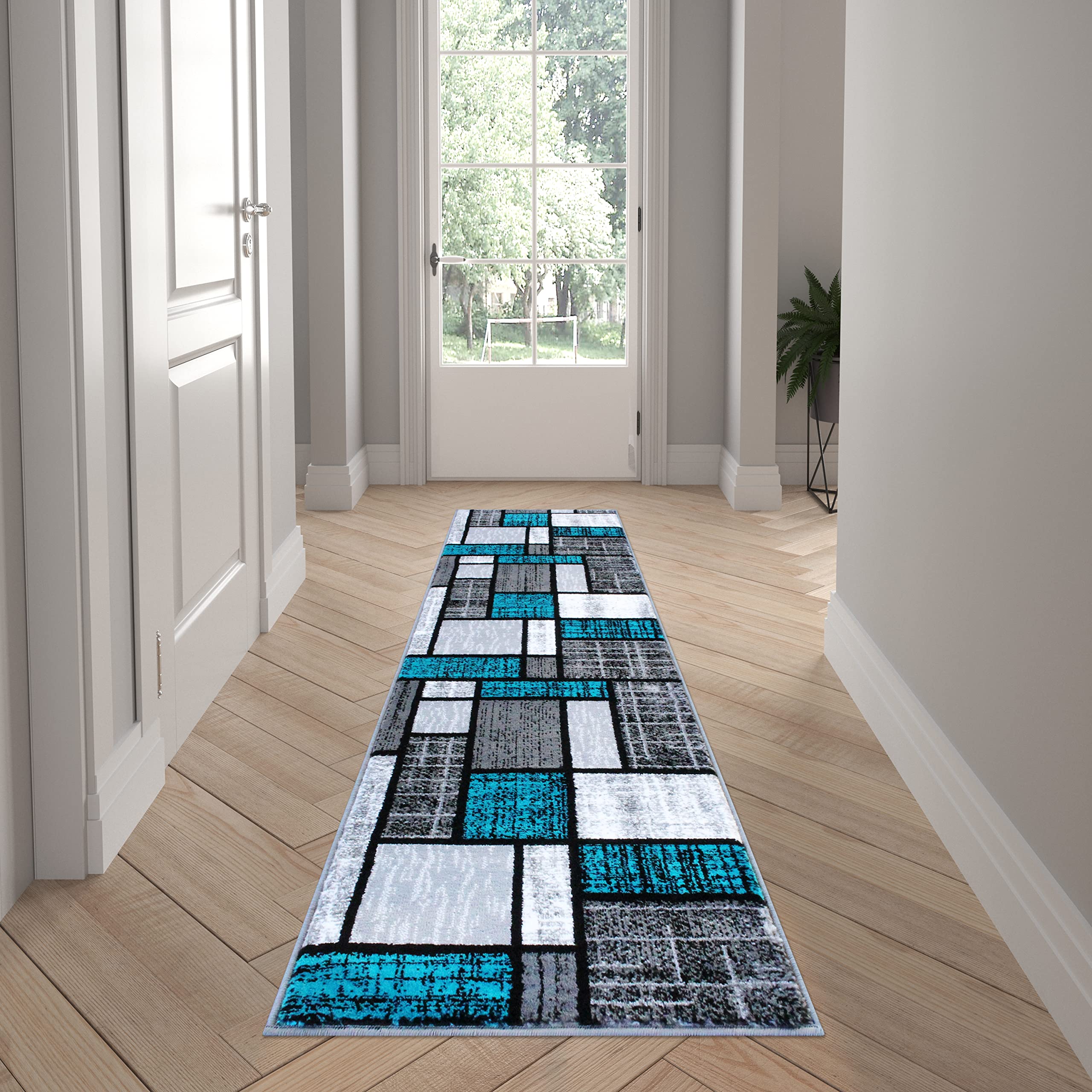 EMMA + OLIVER Modern Geometric Mosaic Accent Rug - 2x7 Feet Turquoise Gray Black White Plush Textured Stain Resistant Jute Backing - Perfect for Living Room, Bedroom or Office Decor