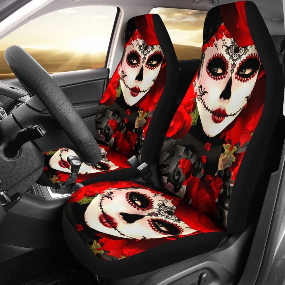 2 Pcs Sugar Skull Girl Car Seat Covers - Gothic Mexican Day of the Dead Design, Universal Fit for Most Vehicles, Soft & Durable - Perfect for Halloween, Dia de los Muertos, and Unique Car Decor