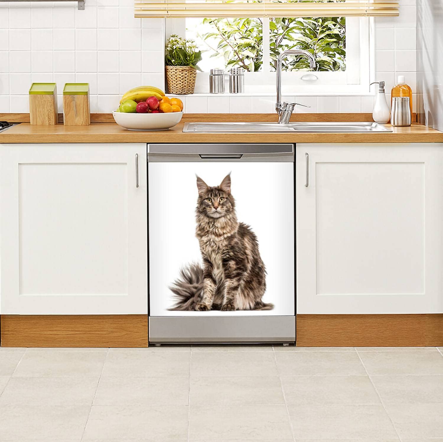 Maine Coon Cat Dishwasher Magnet Sticker - 23x26in White Refrigerator Decal for Kitchen, Fridge & Metal Doors - Funny Appliance Cover for Home & Garage Decor (Perfect for Pet Lovers & Cat Owners)