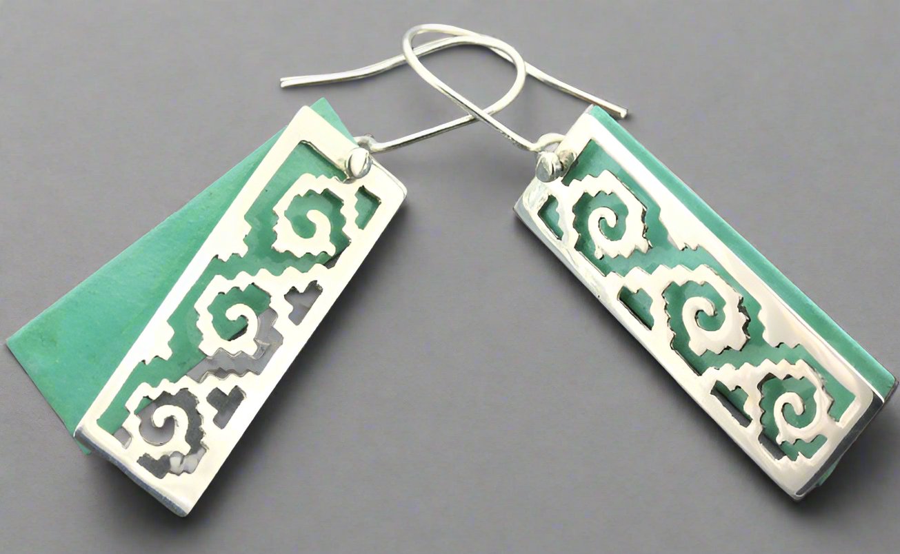 Authentic Double Aztec Earrings - Handmade Silver & Copper with Patina Finish | Perfect for Boho Fashion, Festival Wear & Cultural Jewelry Collections