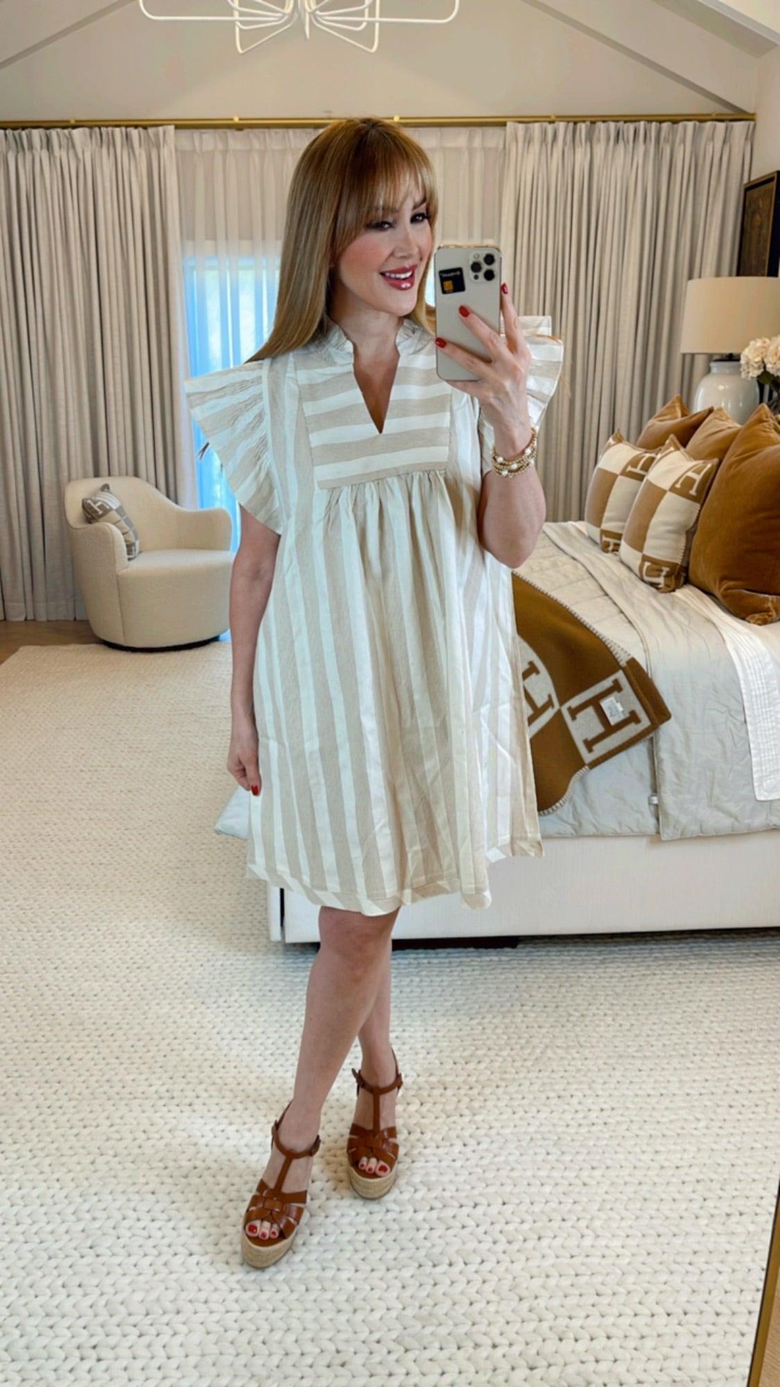 Elegant Sariah Taupe Striped Dress for Women - Flowy Summer Maxi Dress with Side Slits | Perfect for Beach Vacations, Date Nights & Casual Outings