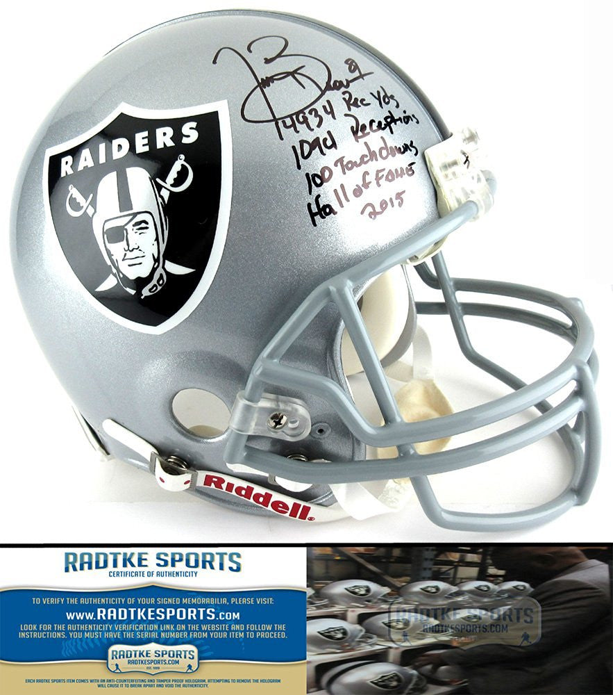Tim Brown Autographed Oakland Raiders NFL Helmet - Signed Riddell Authentic Football Helmet with Career Stats Inscription - Perfect for Sports Memorabilia Collectors, Raiders Fans, and Game Room Decor