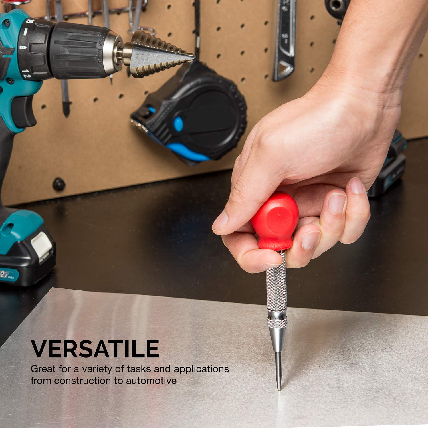 5 Inch Automatic Spring-Loaded Center Punch Tool - Adjustable Tension Metal Punch for Wood, Plastic, Glass & Marble | DIY, Metalworking & Craft Projects (Red)