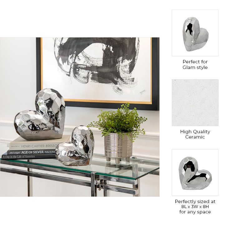 Sagebrook Home Silver Ceramic Heart Decor - Metallic Stoneware Accent Piece for Home, Office, Living Room & Bedroom - 8 Inch Heart-Shaped Decoration for Valentine's Day, Wedding, Anniversary Gifts & Home Décor