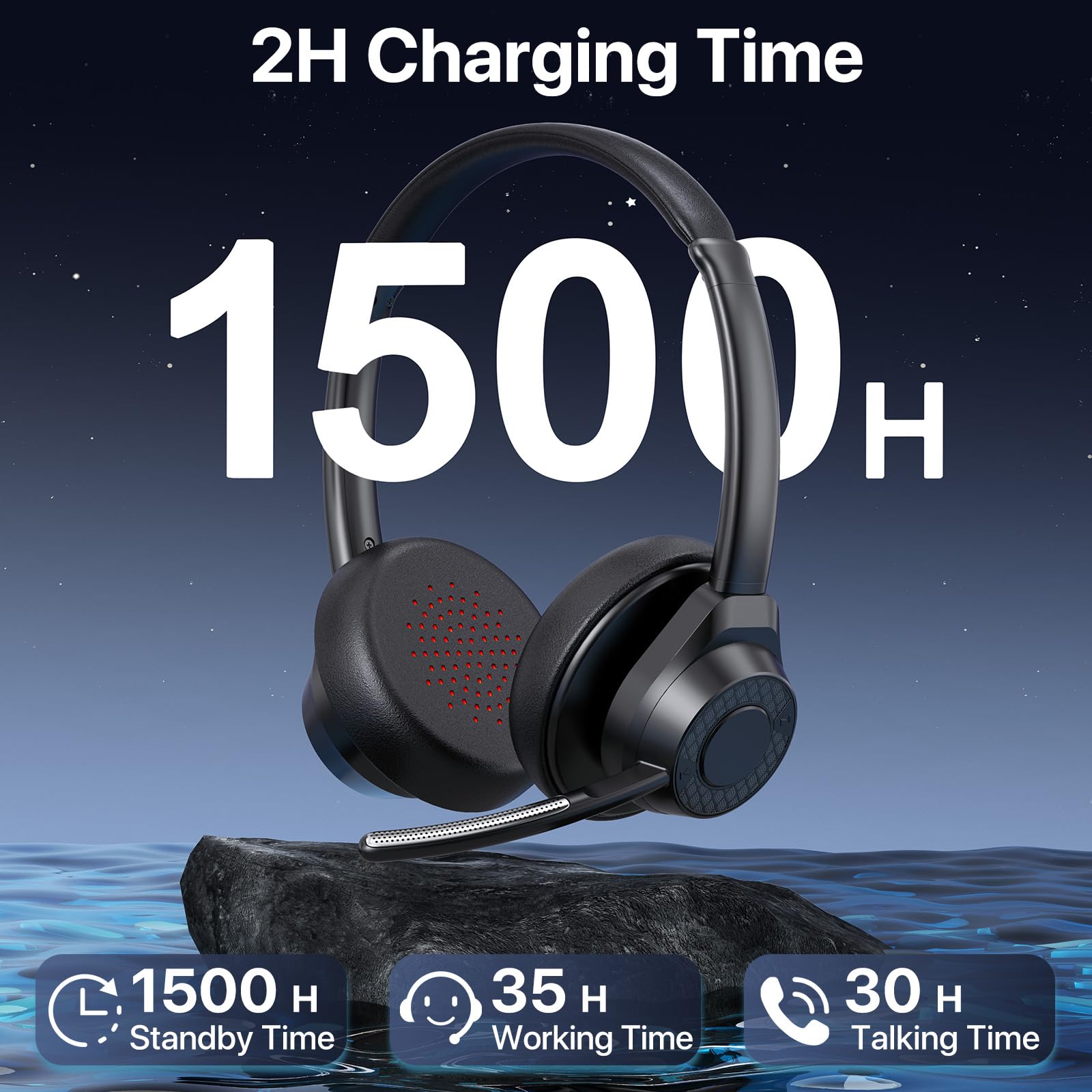 Wireless Bluetooth 5.4 Headphones with Microphone - Noise Cancelling Over-Ear Headset with Multipoint Connectivity for Office, Call Center, Zoom Meetings & Remote Work (Black) - Perfect for Business Professionals & Home Office Use