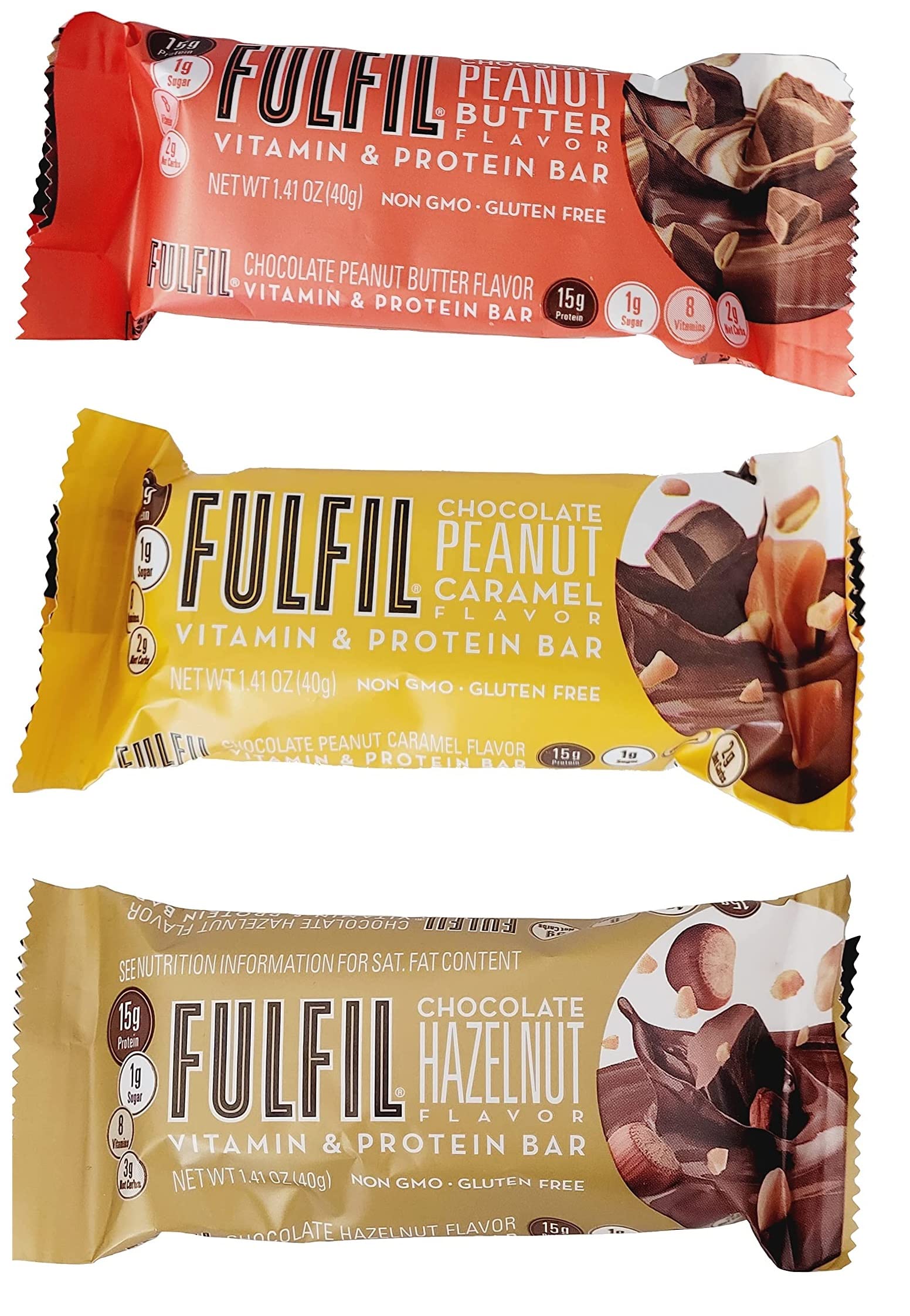 Fulfil Protein & Vitamin Bars - Chocolate Peanut Caramel, Peanut Butter & Hazelnut Flavors - 6 Pack (1.41oz Each) - High Protein Snack for Workouts, Travel & On-the-Go Energy - Includes Free Bag Clip