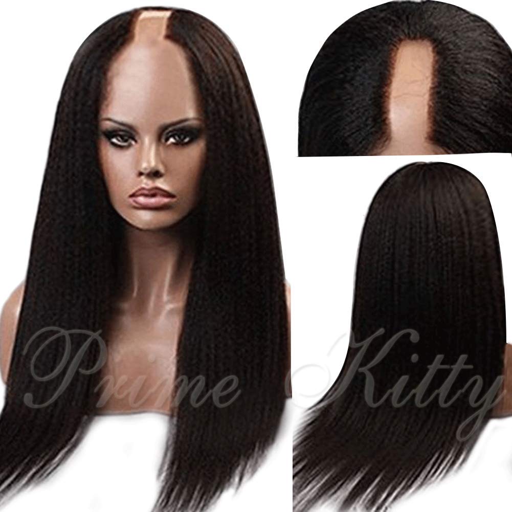 1X3 U Part Human Hair Wigs with Baby Hair | 9A Virgin Brazilian Kinky Straight Glueless Wig | 130% Density Italian Yaki Texture | Natural Color 16 Inch | Perfect for Black Women | Great for Daily Wear, Special Occasions & Protective Styling