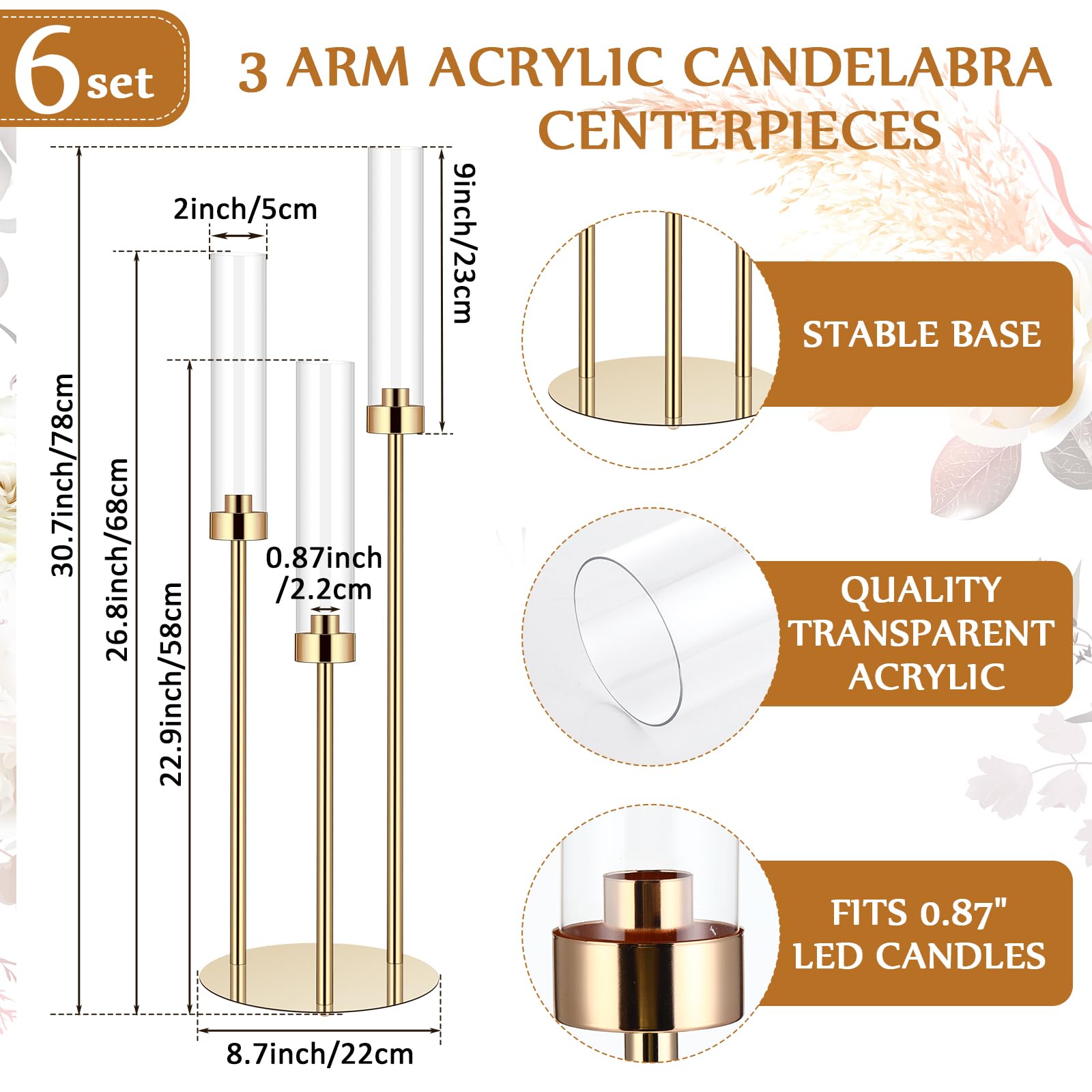 Layhit 6-Piece Gold Tall Floor Candle Holder Set - 30.7