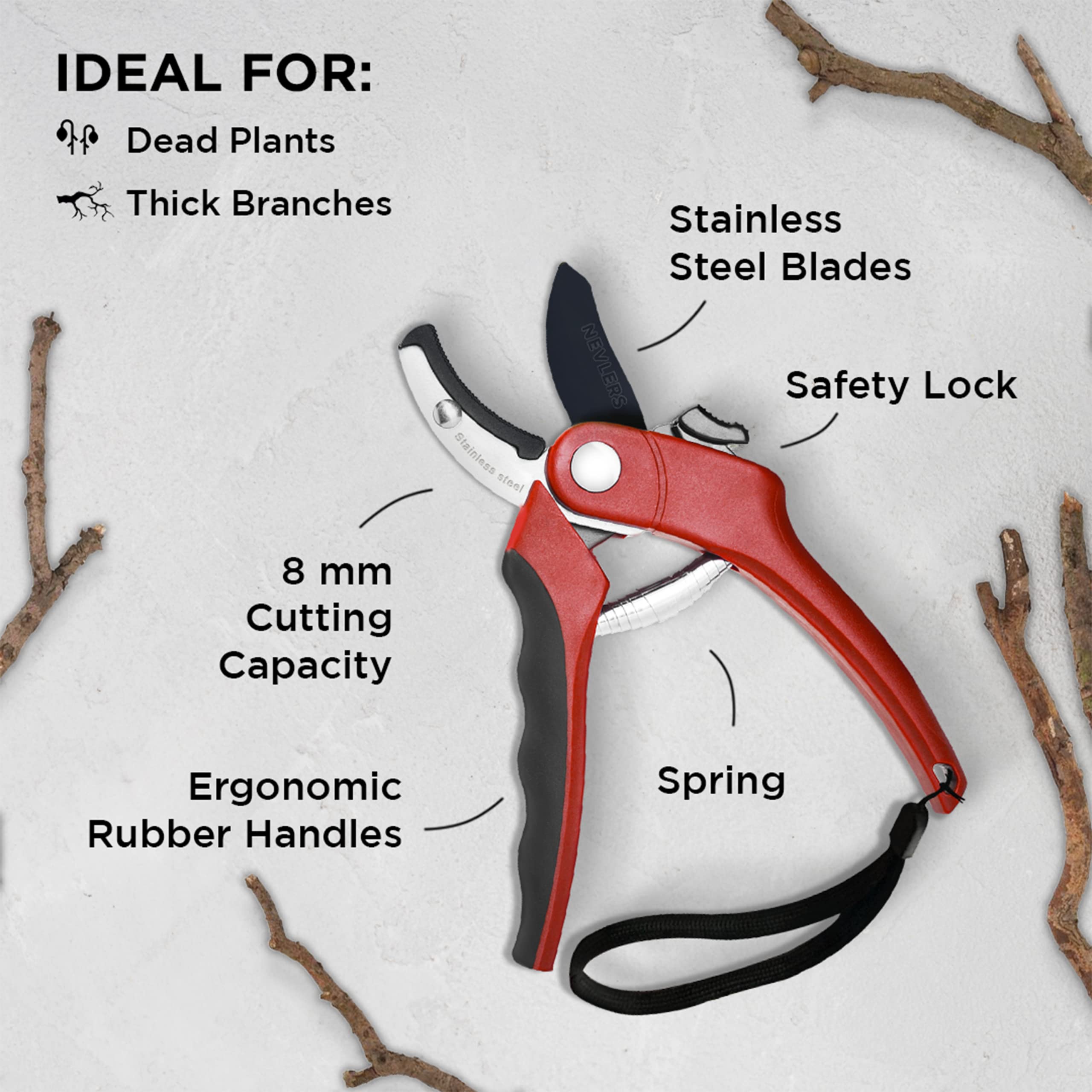 Nevlers 8 Inch Red Anvil Pruning Shears - Stainless Steel Garden Shears with 8mm Cut Capacity | Ergonomic Hand Pruners for Trimming Branches, Shrubs & Plants | Perfect for Gardening, Landscaping & Outdoor Use