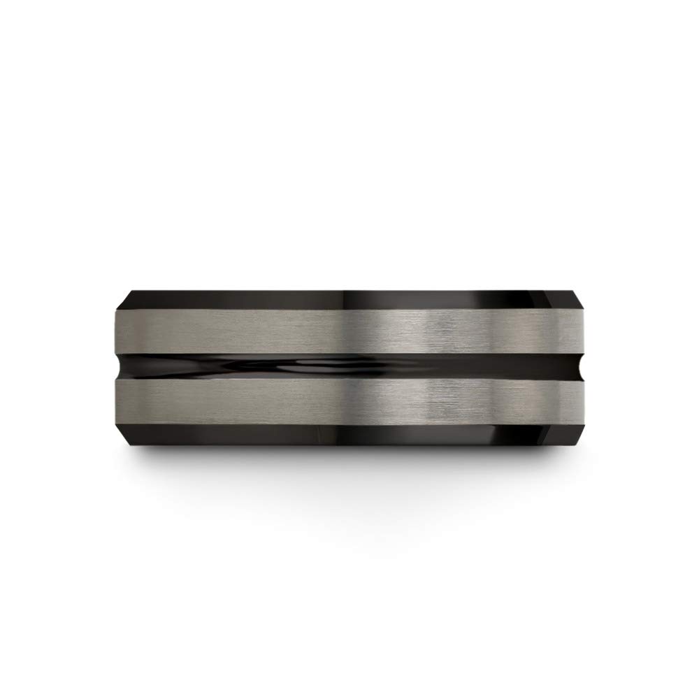 8mm Men's Tungsten Ring - Brushed Grey & 18K Gold Plated Tungsten Carbide Wedding Band with Polished Black Center Line - Step Beveled Edge Comfort Fit for Men - Durable & Hypoallergenic Jewelry - Perfect for Weddings, Anniversaries & Everyday Wear - Available in Rose Gold or Yellow Gold