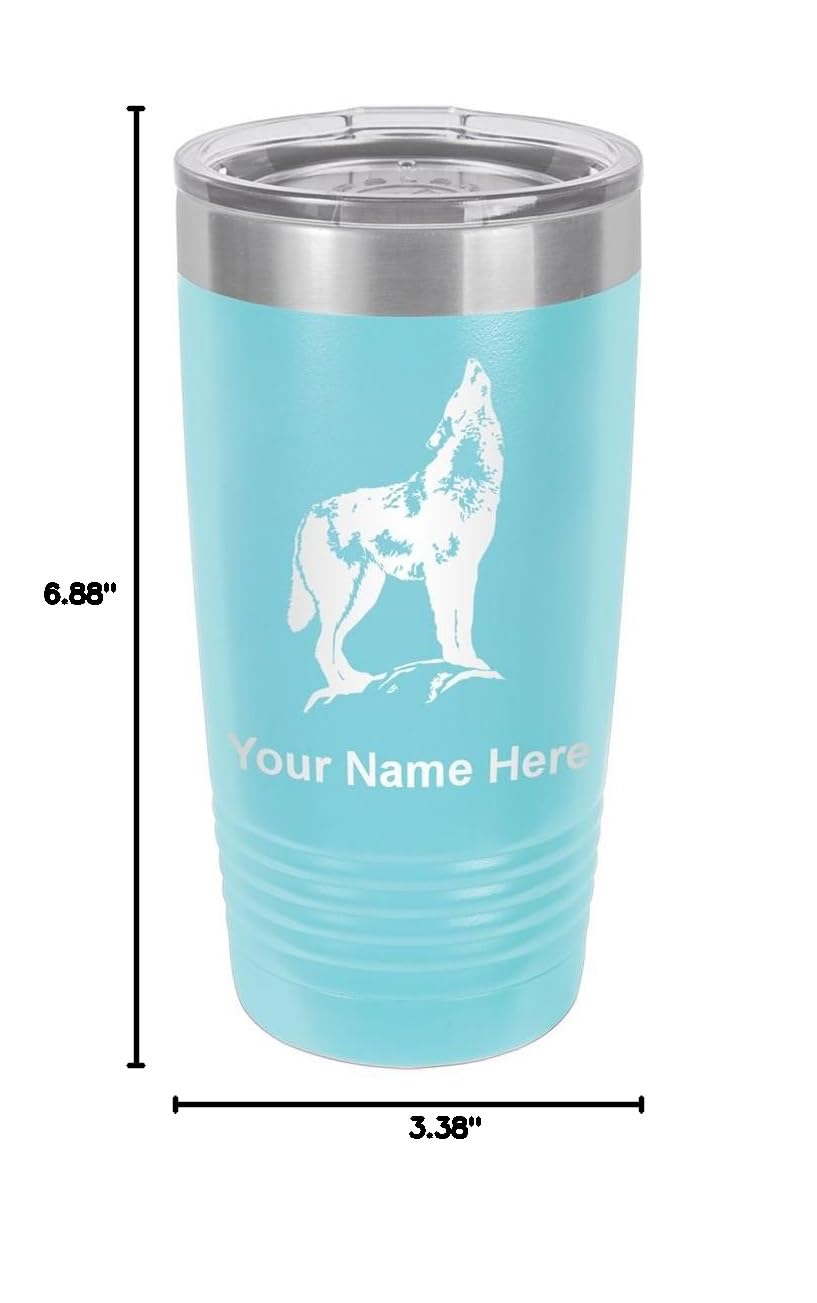 LaserGram 20oz Vacuum Insulated Stainless Steel Tumbler Mug with Howling Wolf Design - Personalized Engraving Included - Light Blue - Keeps Drinks Hot/Cold for Hours - Perfect for Camping, Office & Outdoor Activities