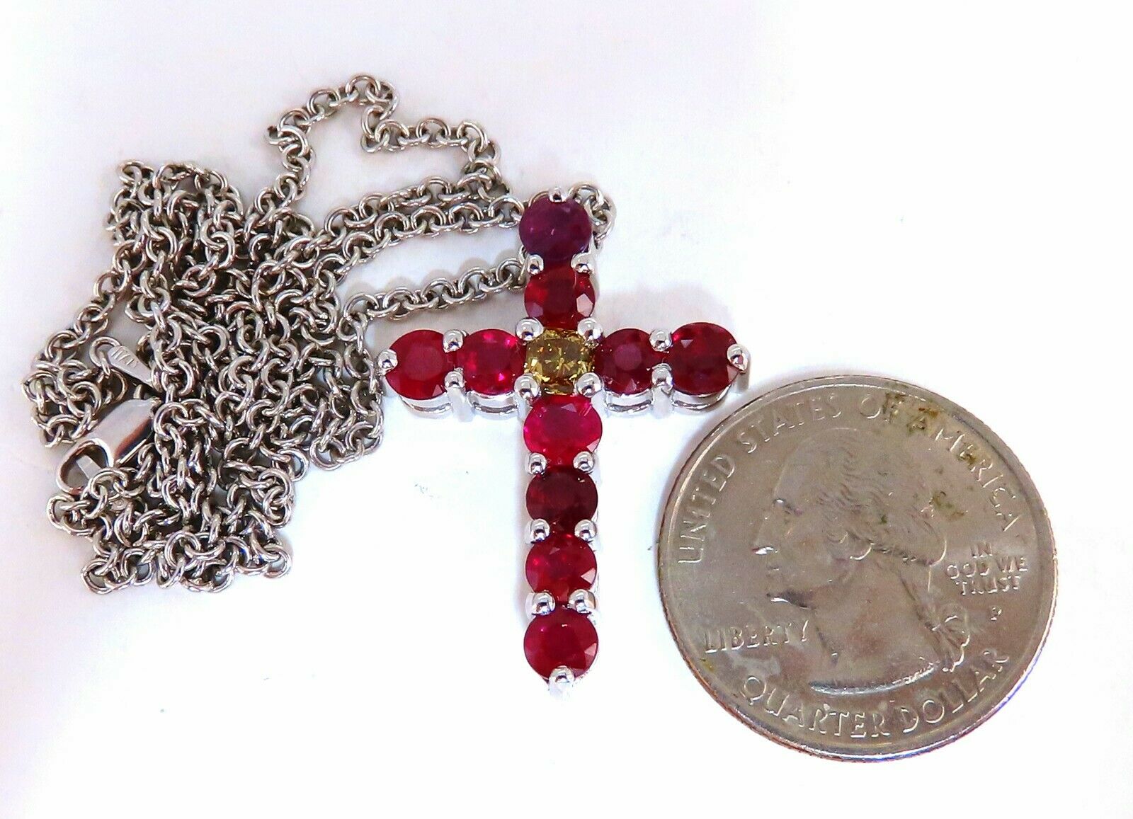 5.73ct Natural Ruby & Fancy Yellow-Green Diamond Cross Pendant in 14K Gold - Elegant Jewelry for Weddings, Anniversaries & Special Occasions