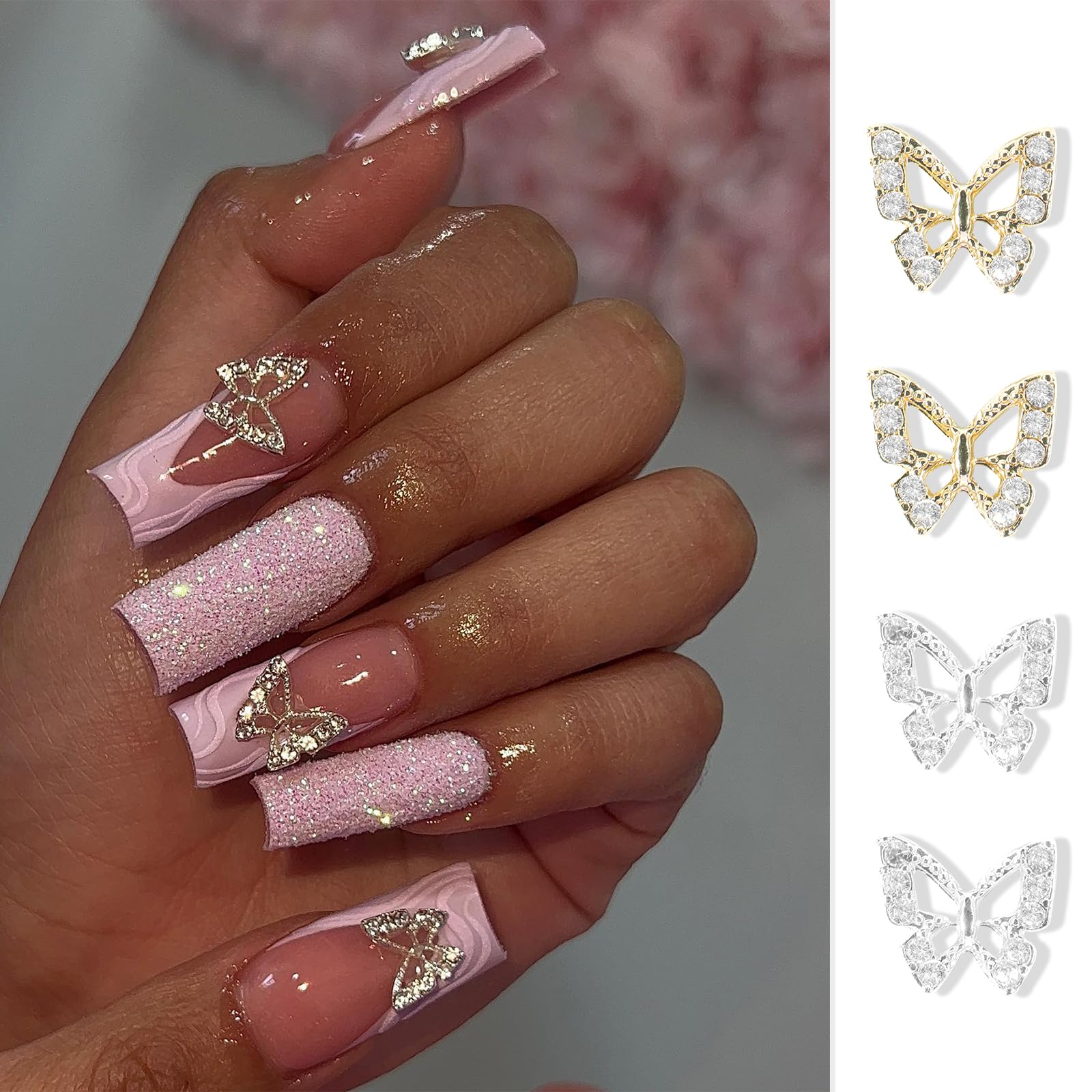 30Pcs Alloy Butterfly Nail Charms - 3D Metal Butterfly Nail Gems with Rhinestones for Acrylic Nails | Shiny Crystal Nail Art Decorations with Tweezer | Perfect for Nail Salon, DIY Manicure, and Party Nail Designs