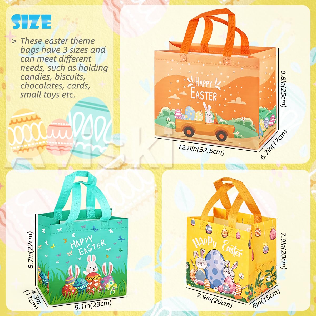 6PCS Easter Egg Hunt Bags with Handles - Assorted Sizes Bunny Carrot Chick Design, Reusable Non-Woven Easter Treat Bags for Gift Wrapping, Party Favors & Egg Hunt Games | Perfect for Easter Celebrations, School Events & Spring Festivities