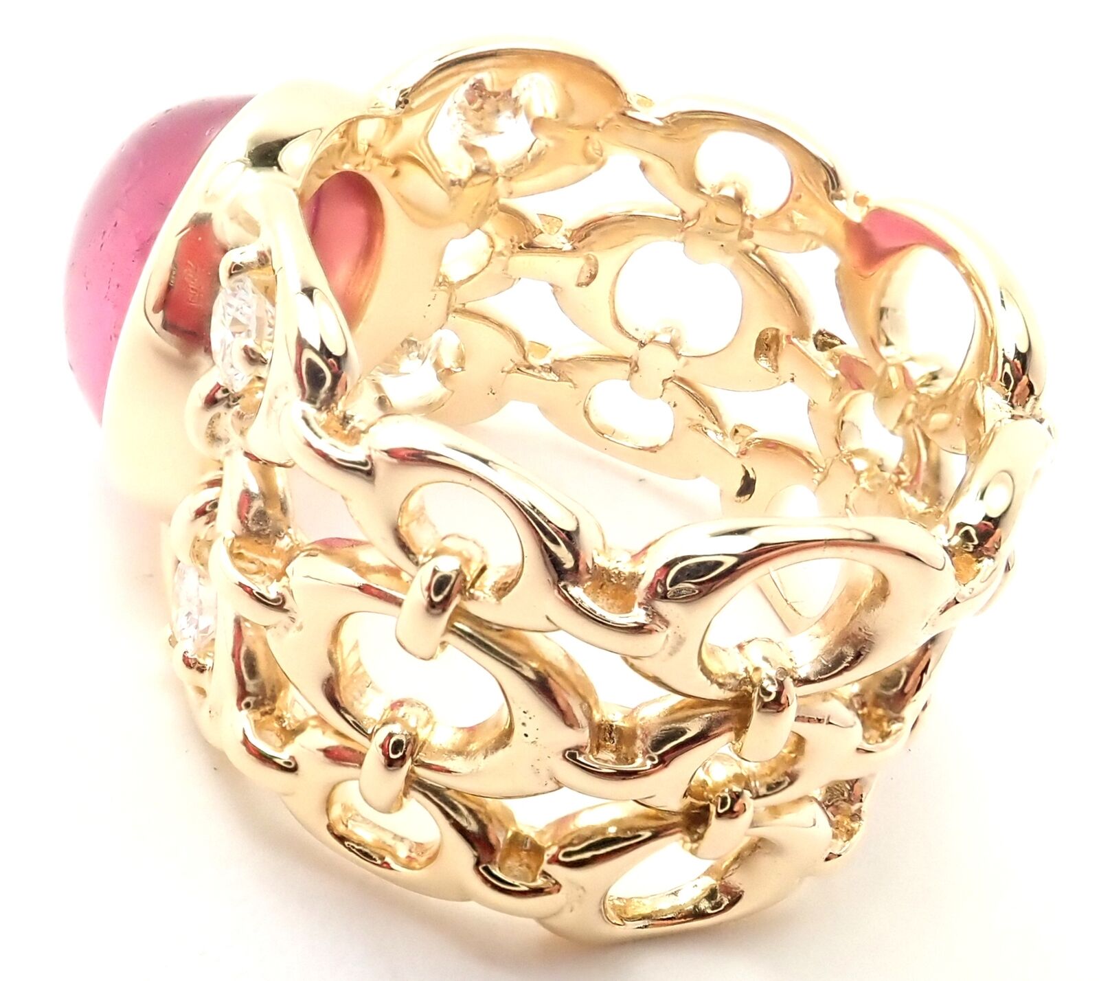 Authentic Christian Dior 18K Yellow Gold Diamond Pink Tourmaline Band Ring for Women - Luxury Fashion Jewelry Gift for Anniversary, Valentine's Day & Special Occasions