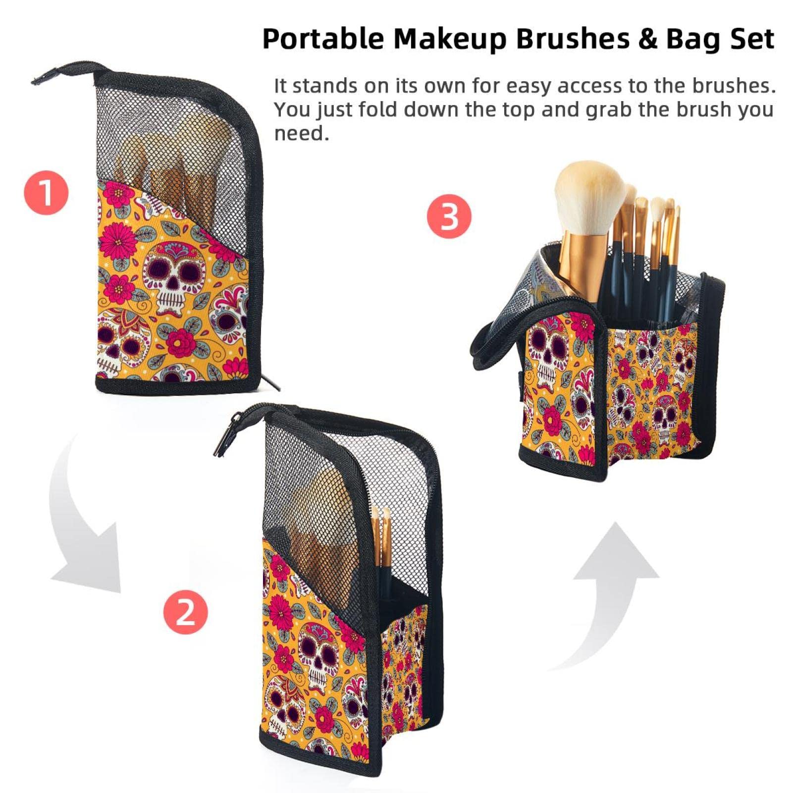 Portable Makeup Brush Organizer Bag with 12 Slots - Mexican Style Floral Skull Design - Perfect for Travel & Home Vanity Storage