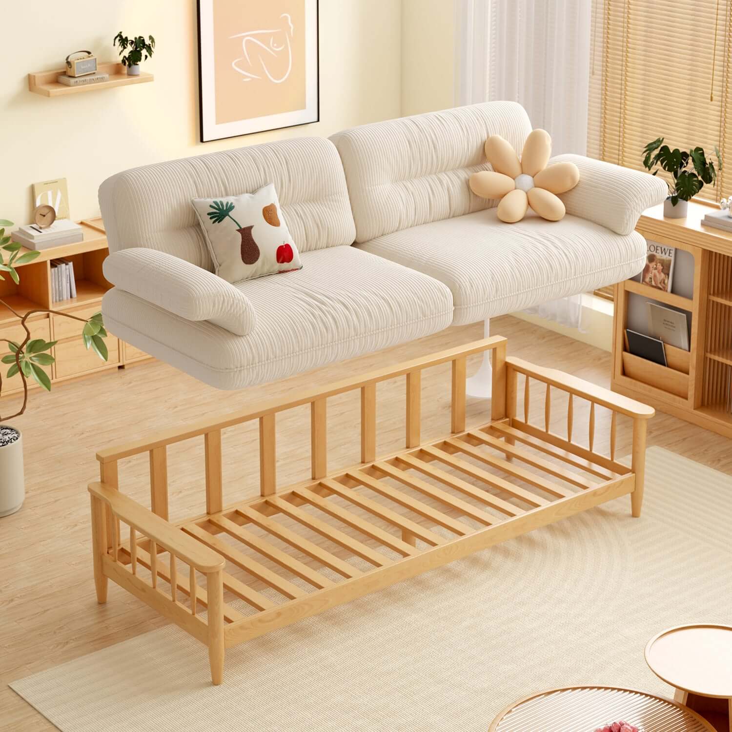 Japandi Style Solid Ash Wood Sofa - Cotton Linen, Corduroy & Cat Scratch Resistant Fabric Options | Modern Scandinavian Japanese Fusion Sofa for Living Room, Lounge & Office