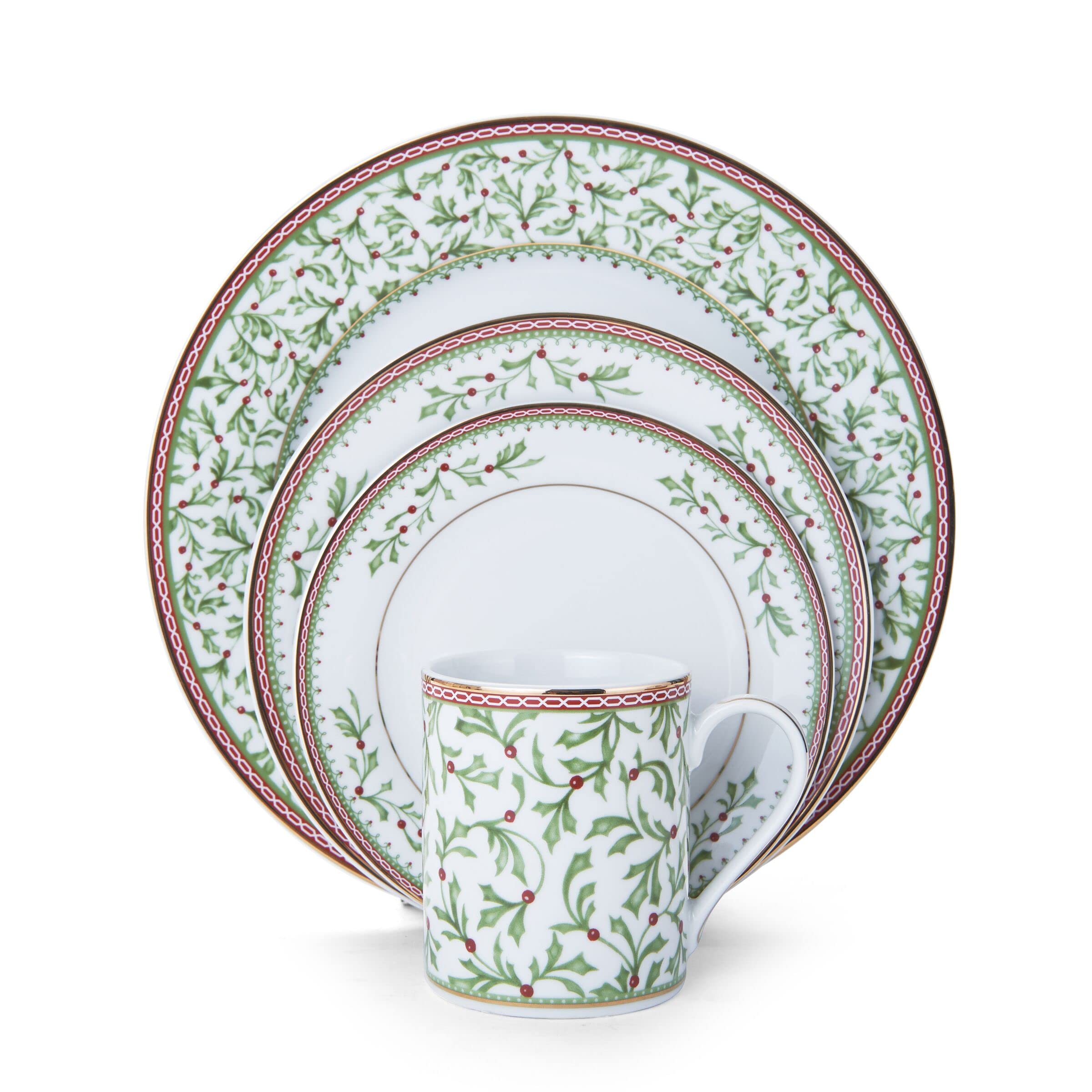 Mikasa Holiday Traditions 16-Piece Dinnerware Set with Mugs - Green & White Porcelain Tableware for Christmas, Thanksgiving & Family Gatherings