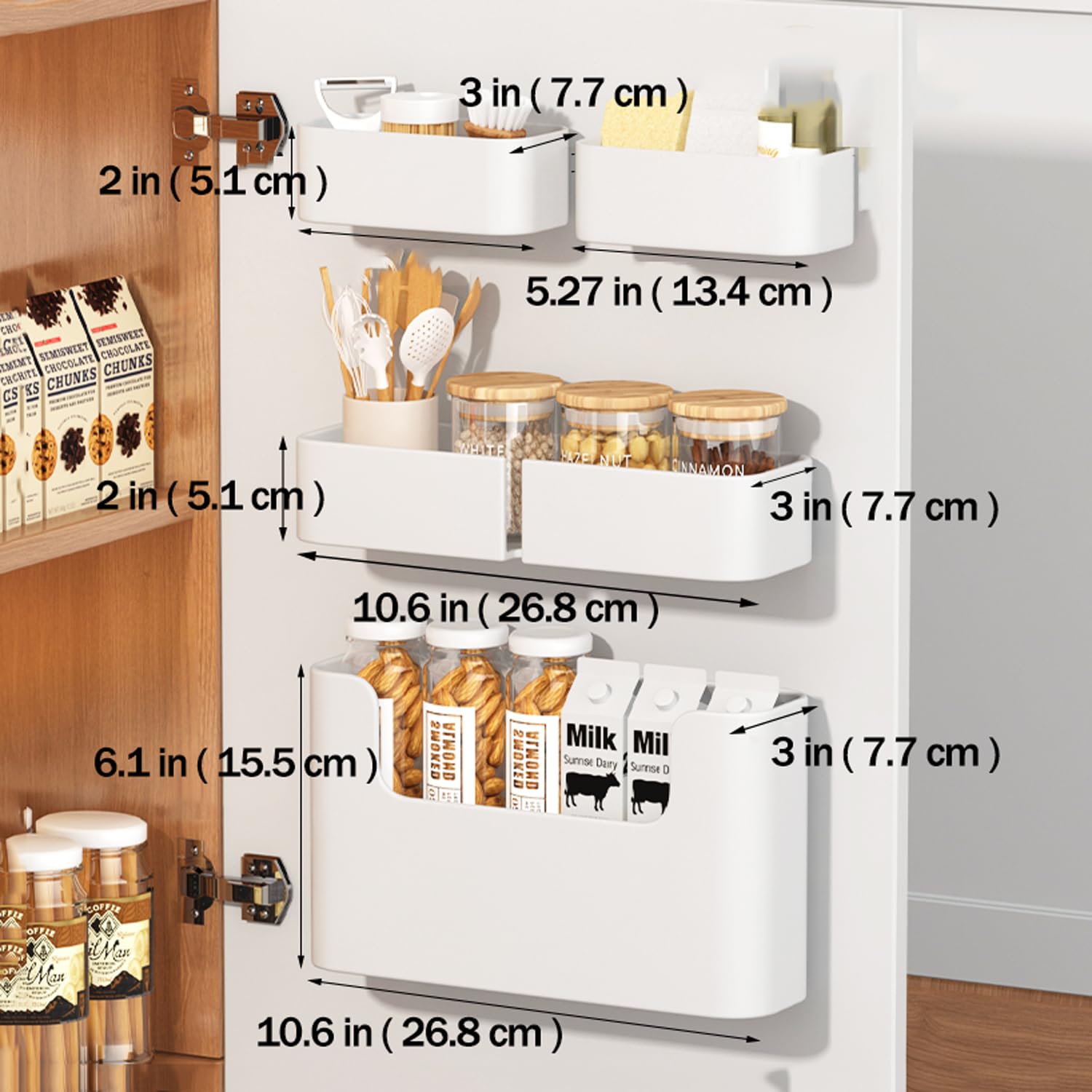 MORNITE 4-Pack Adhesive Cabinet Door Organizer - White Storage Shelves for Kitchen, Bathroom, RV, Pantry, Bedroom & Closet - Space Saving Door Rack for Spices, Cleaning Supplies & Toiletries - Perfect for Small Homes & Apartments