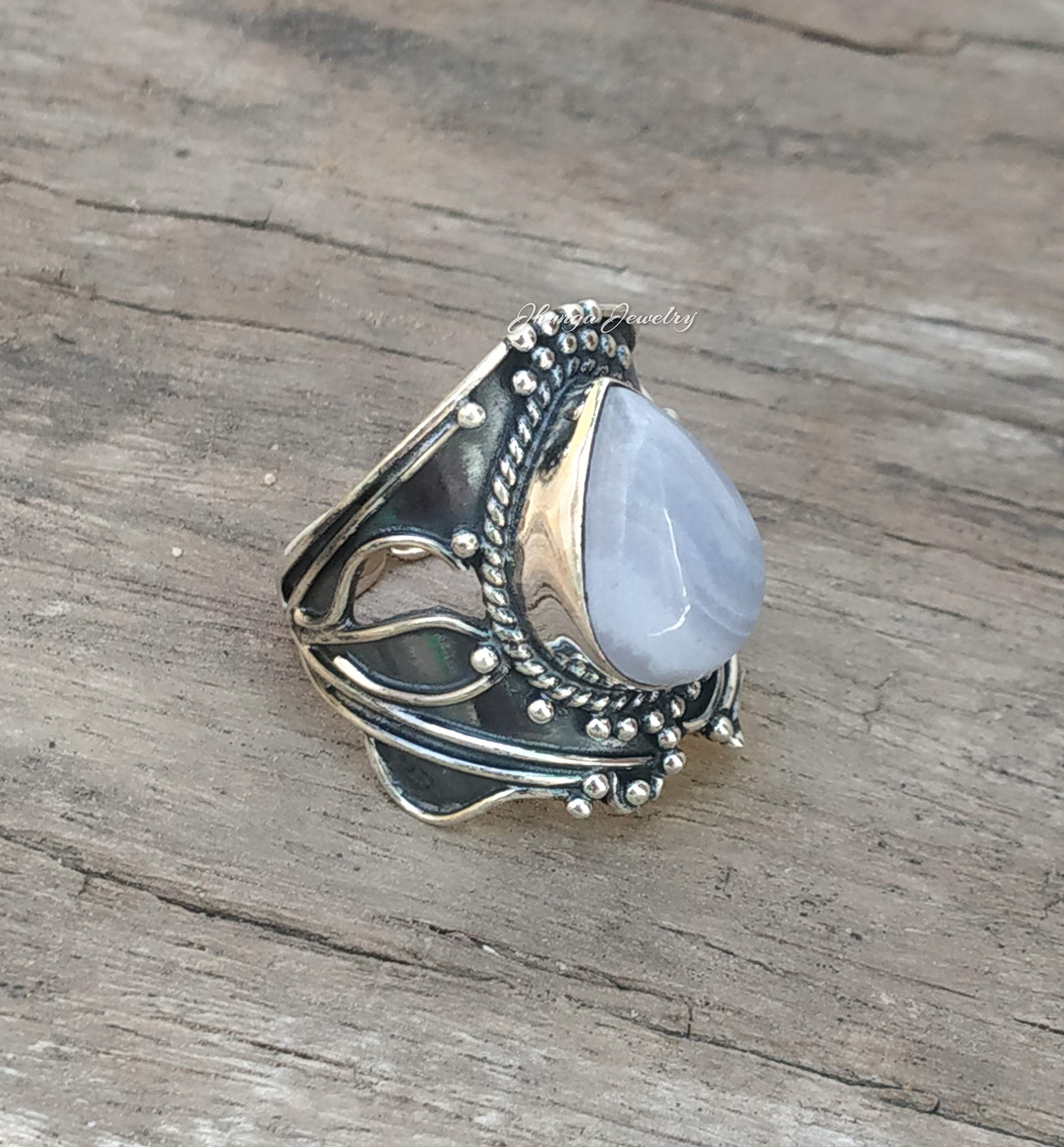 Blue Lace Agate Sterling Silver Ring | Gothic Statement Jewelry | Healing Crystal Engagement Ring | Boho Bridal Promise Ring | Natural Gemstone Gift for Women | Perfect for Weddings, Spiritual Healing & Boho Fashion